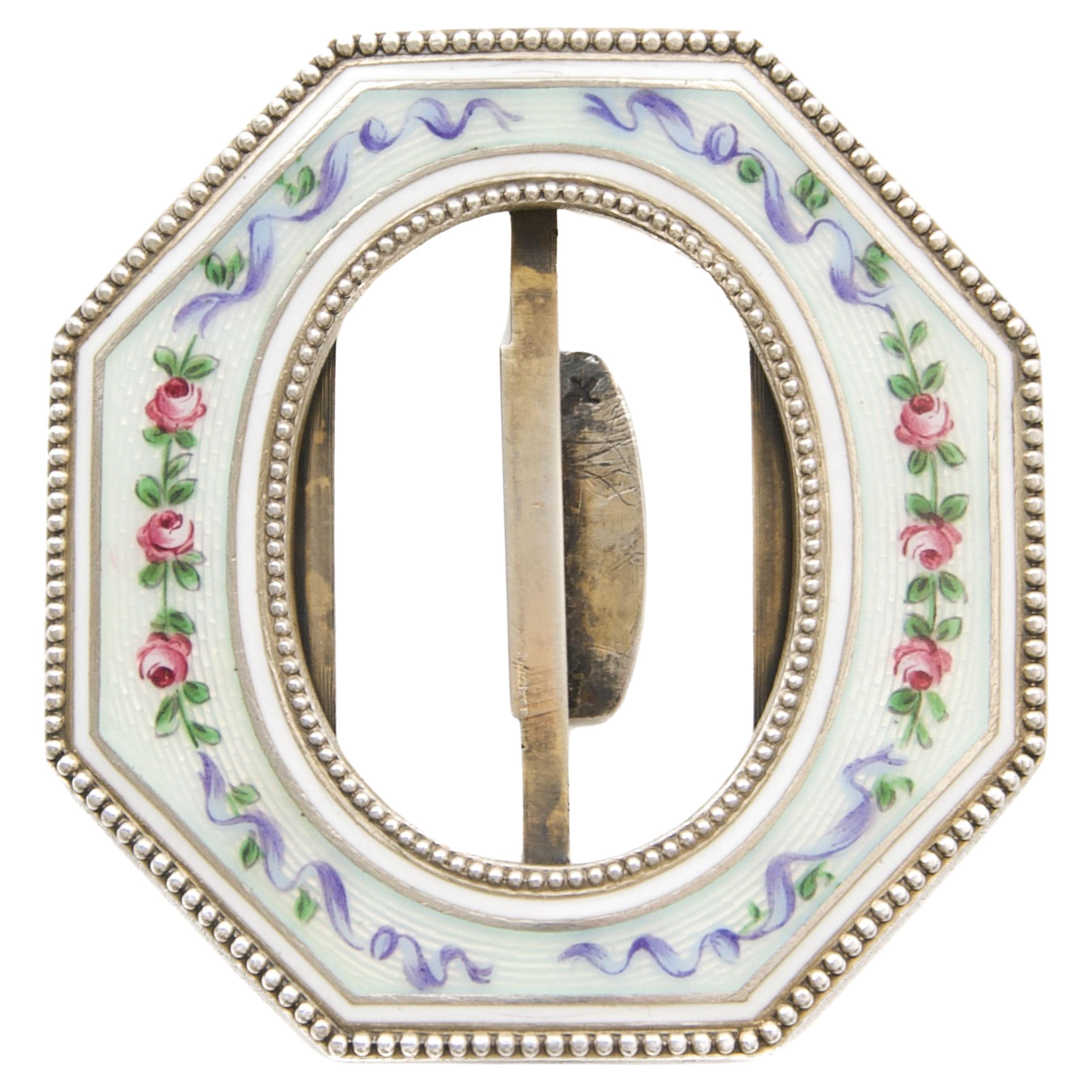 Antike Guillochierte Emaille und Silberschnalle mit handgemalten Rosen, CIRCA 1905