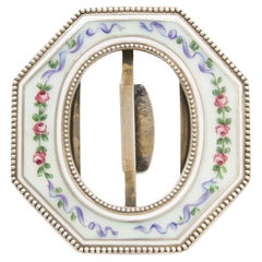 Antique Guilloché Enamel and Silver Buckle with Hand-Painted Roses, Circa 1905