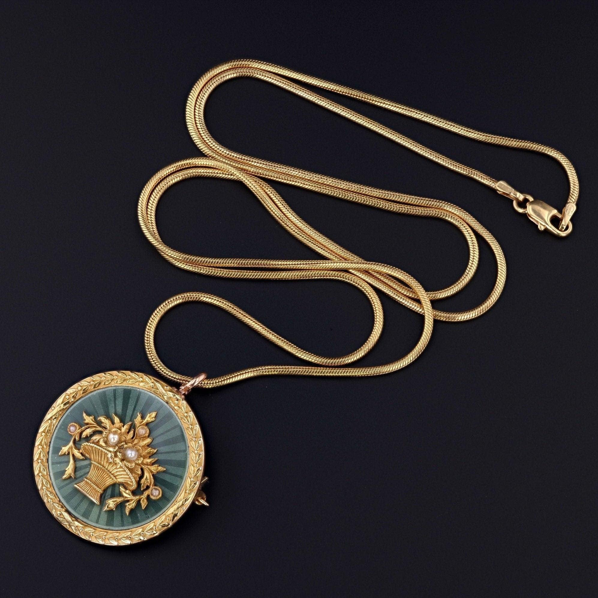 Ball Cut Antique Guilloche Enamel Flower Basket Necklace of 14k Gold For Sale