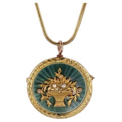 Antique Guilloche Enamel Flower Basket Necklace of 14k Gold