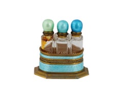 Antique Guilloche Enamel French Perfume Bottles Set Baby Blue