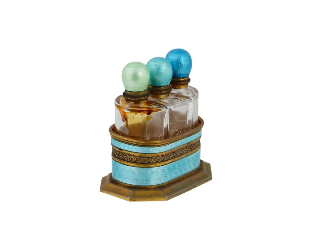 Unknown Antique Guilloche Enamel French Perfume Bottles Set Baby Blue