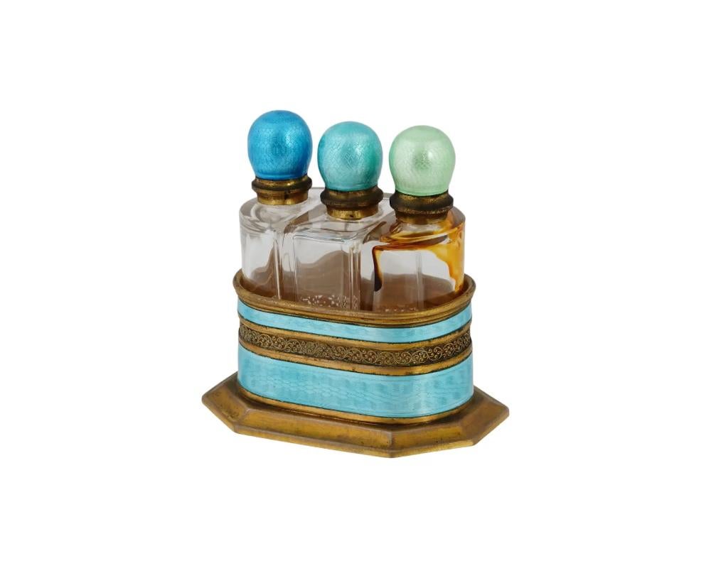Antique Guilloche Enamel French Perfume Bottles Set Baby Blue In Good Condition In New York, NY
