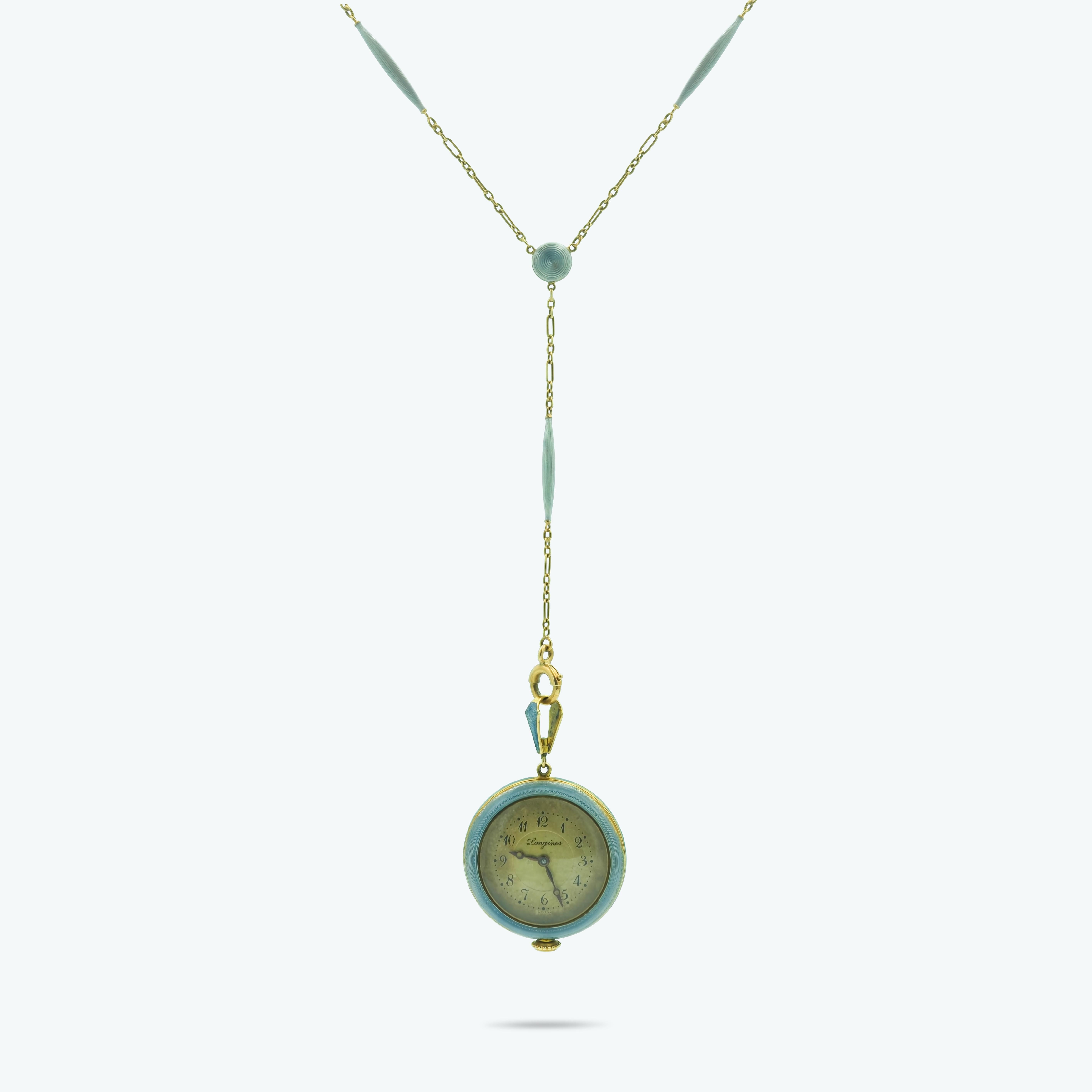 Victorian Antique Guilloche Enamel Longines Pocket Watch Lavalier Necklace in 14K Gold