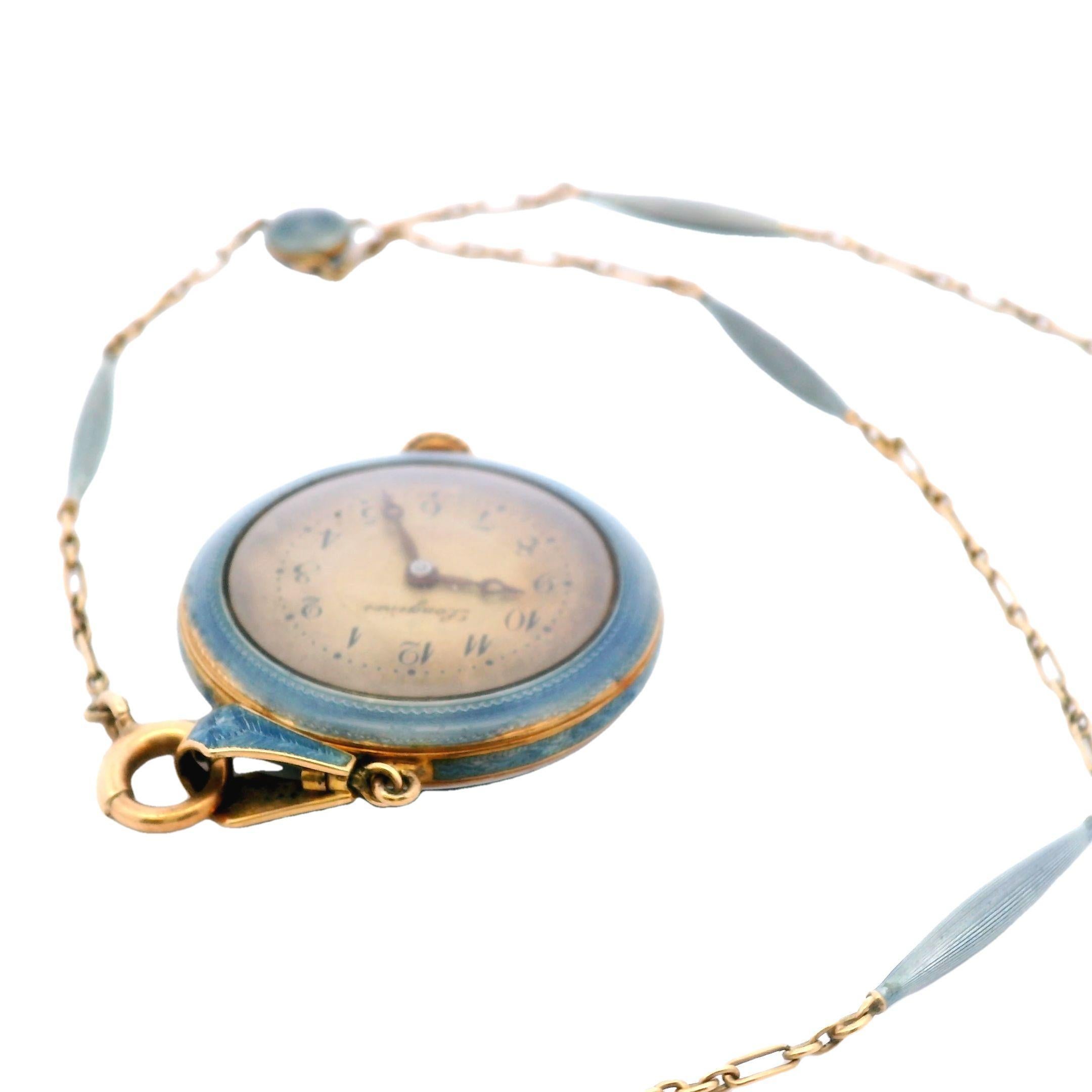 Antique Guilloche Enamel Longines Pocket Watch Lavalier Necklace in 14K Gold In Good Condition In Fairfield, CT