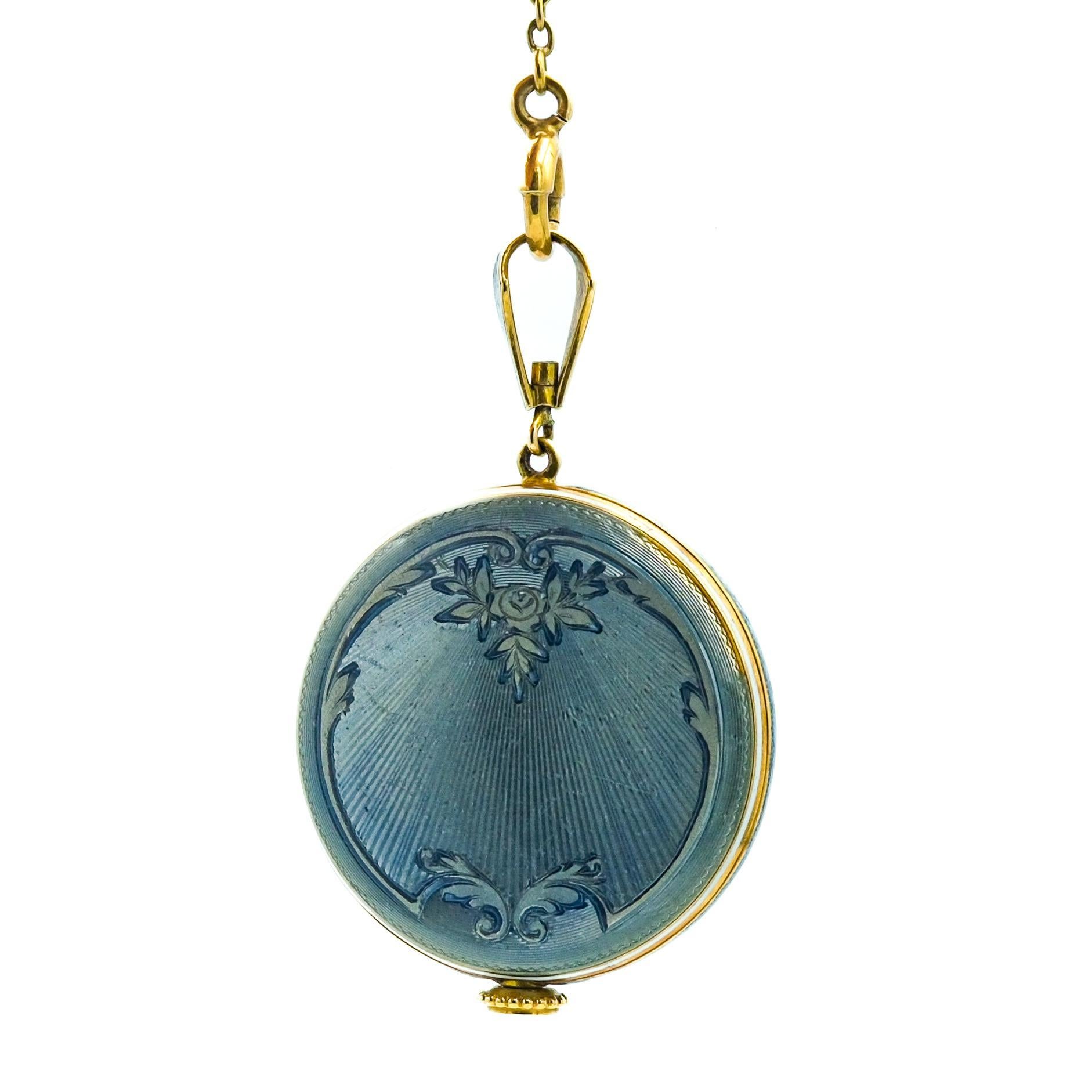 Antique Guilloche Enamel Longines Pocket Watch Lavalier Necklace in 14K Gold 1