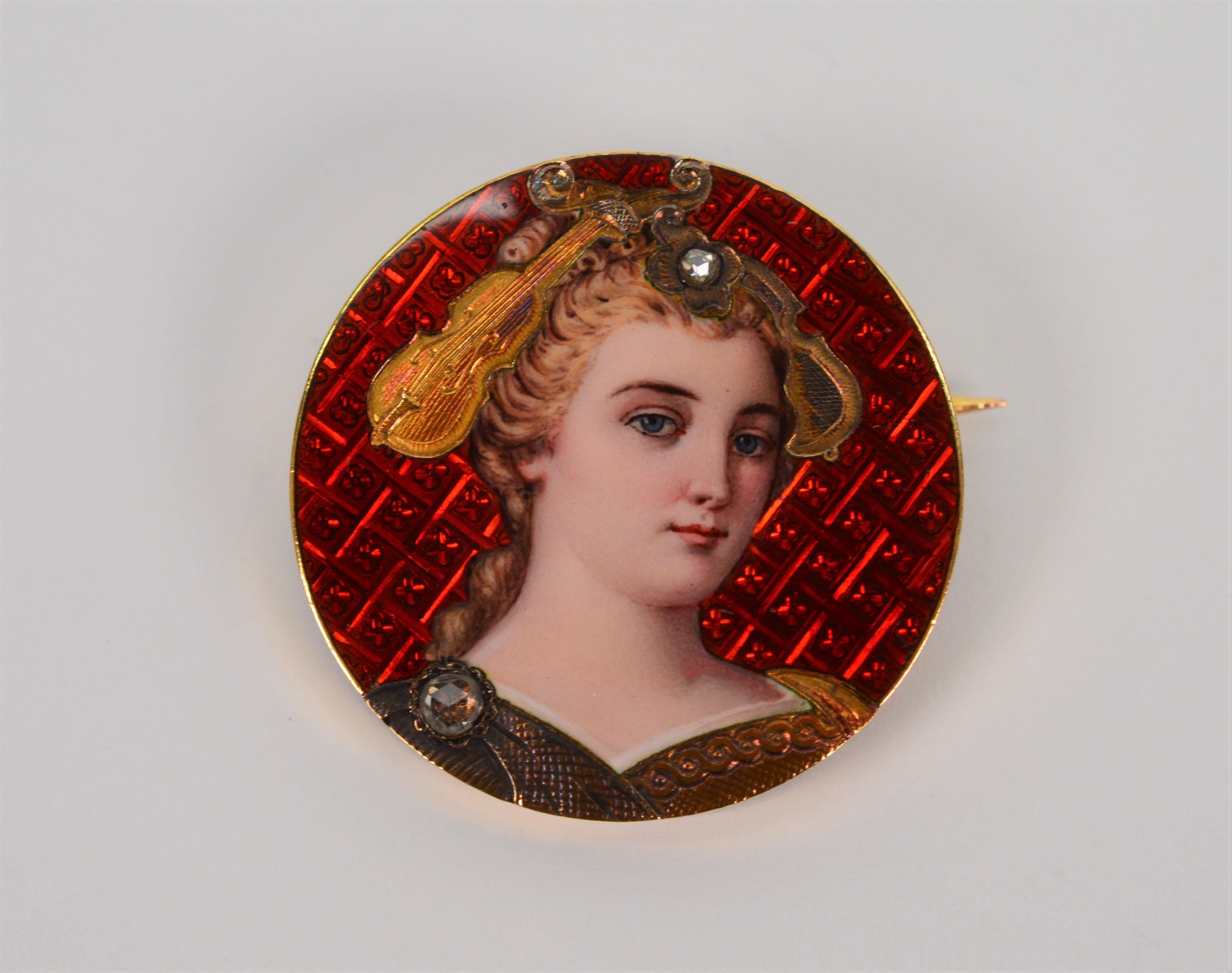 Depicting the elegance and grace of a fine lady of the late 1800, this romantic French antique portrait brooch is skillfully hand painted and crafted guilloche enamel. Two rose cut diamonds adorn the angelic image of her dressed in finery. In