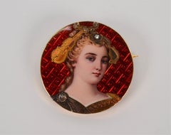 Antique Guilloche Enamel Portrait Brooch with Rose Cut Diamonds