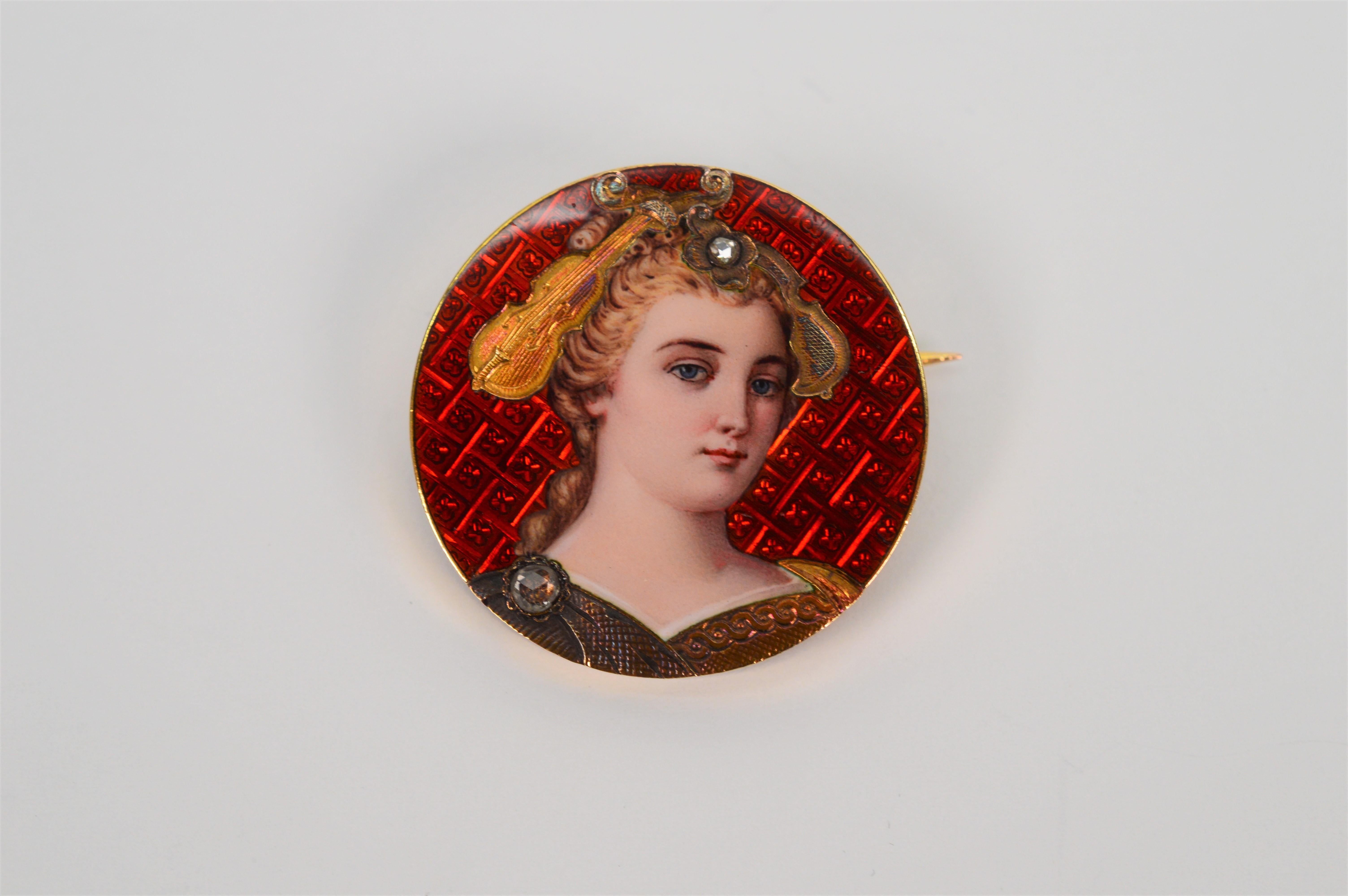 Women's Antique Guilloche Enamel Portrait Brooch with Rose Cut Diamonds For Sale
