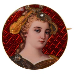 Antique Guilloche Enamel Portrait Brooch with Rose Cut Diamonds