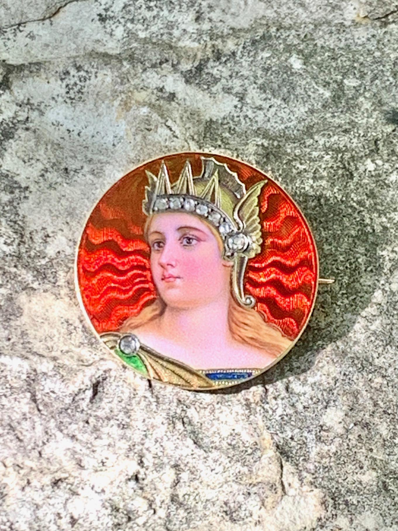 This antique 18 karat gold French Guilloche Enamel Portrait Brooch features eight rose cut Diamonds.

This piece is from the late 1800's.

It has two unknown stamps on the back side.

The brooch features:
8 rose cut Diamonds
Size: approximately 1