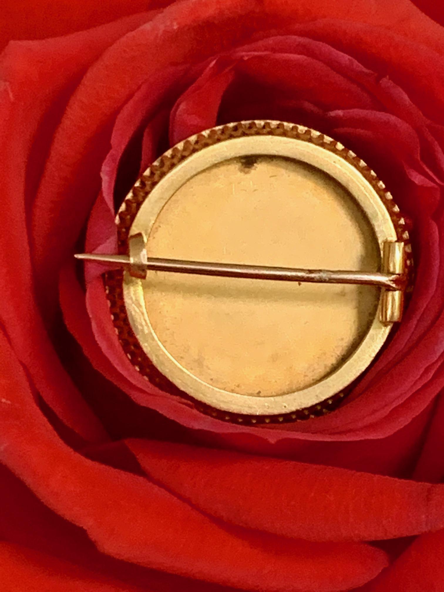 Antique Guilloche Enamel and Rose Cut Diamond Portrait 18 Karat Gold Brooch Pin In Excellent Condition In St. Louis Park, MN