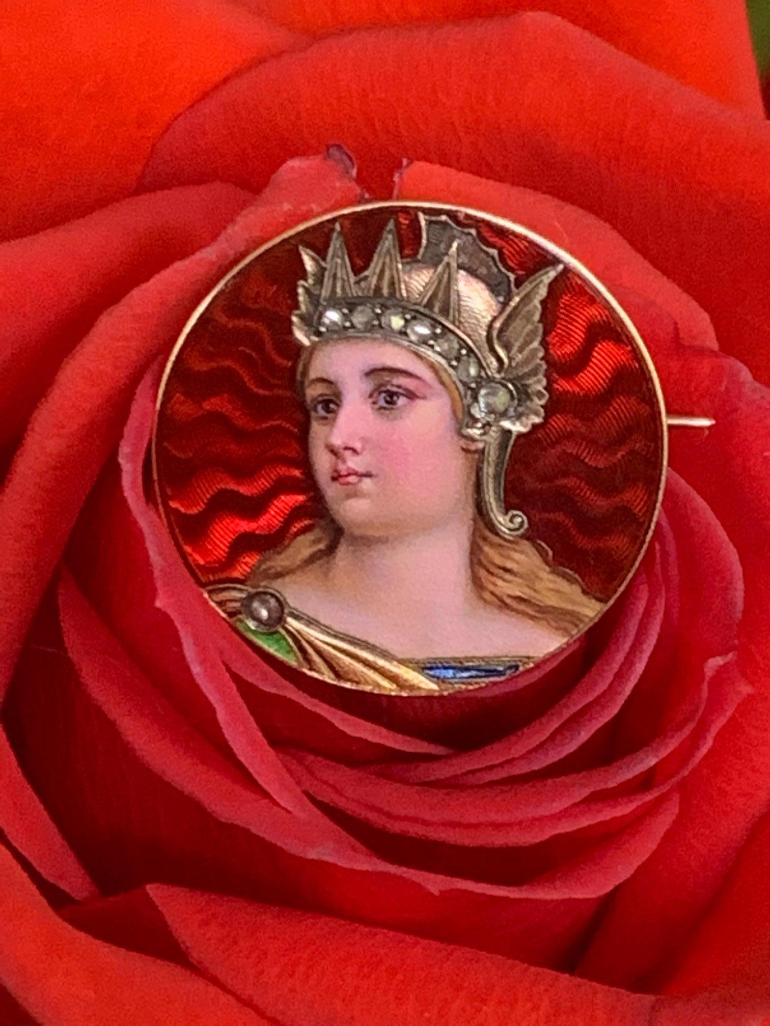 Women's Antique Guilloche Enamel and Rose Cut Diamond Portrait 18 Karat Gold Brooch Pin
