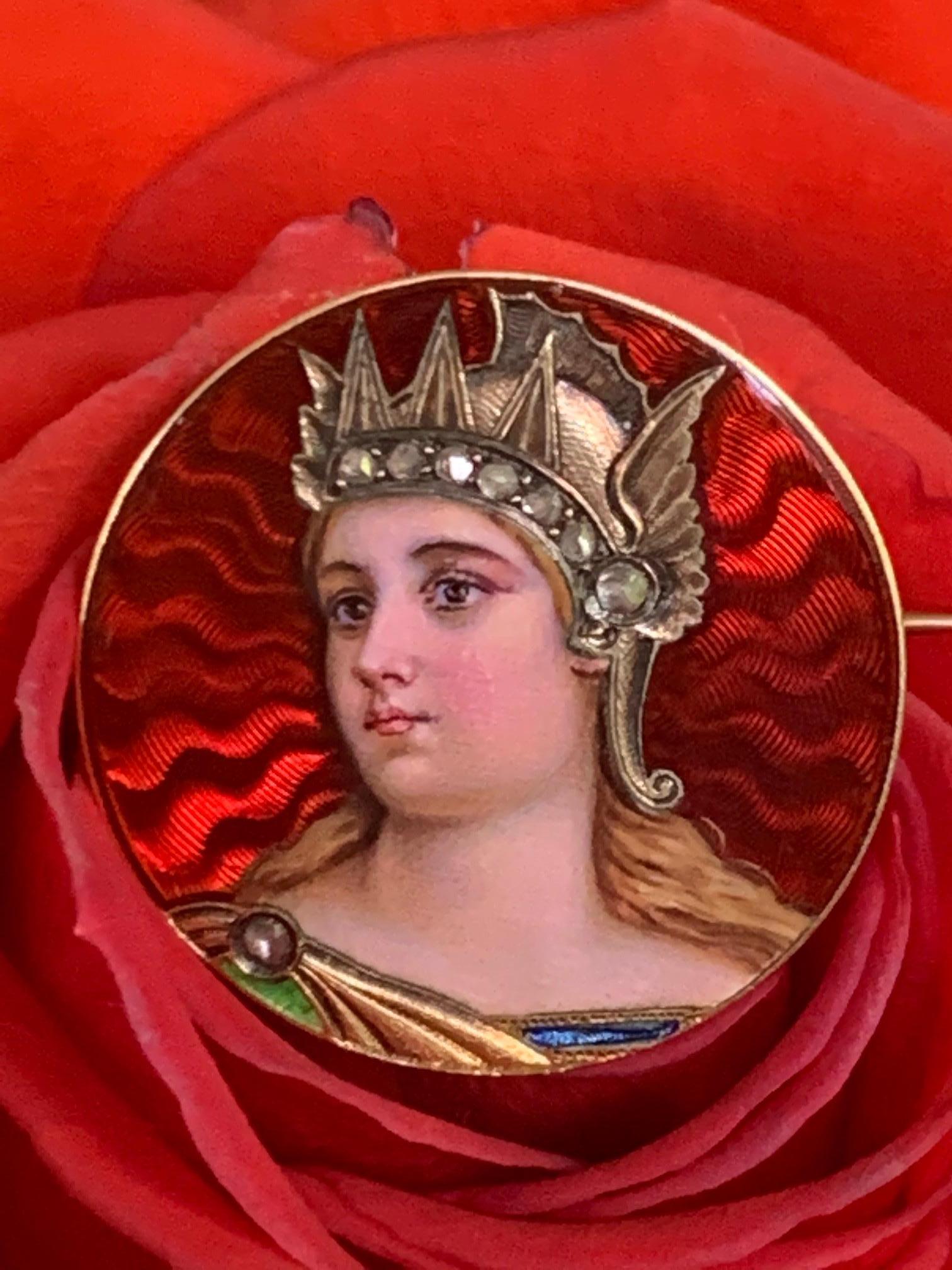 Antique Guilloche Enamel and Rose Cut Diamond Portrait 18 Karat Gold Brooch Pin 1