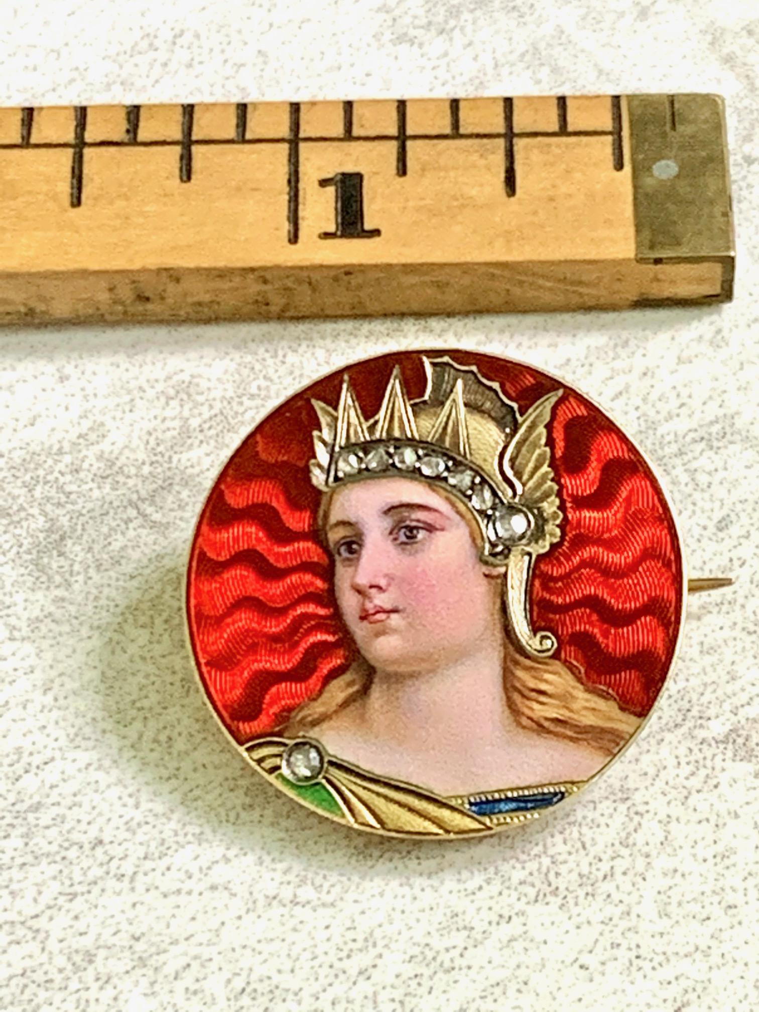 Antique Guilloche Enamel and Rose Cut Diamond Portrait 18 Karat Gold Brooch Pin 2