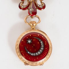 Antique Guilloche Ruby Enamel, Diamond and 18 Karat Yellow Gold Lapel Watch