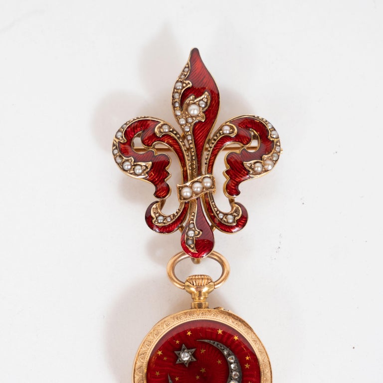 Early Victorian Antique Guilloche Ruby Enamel, Diamond and 18 Karat Yellow Gold Lapel Watch For Sale