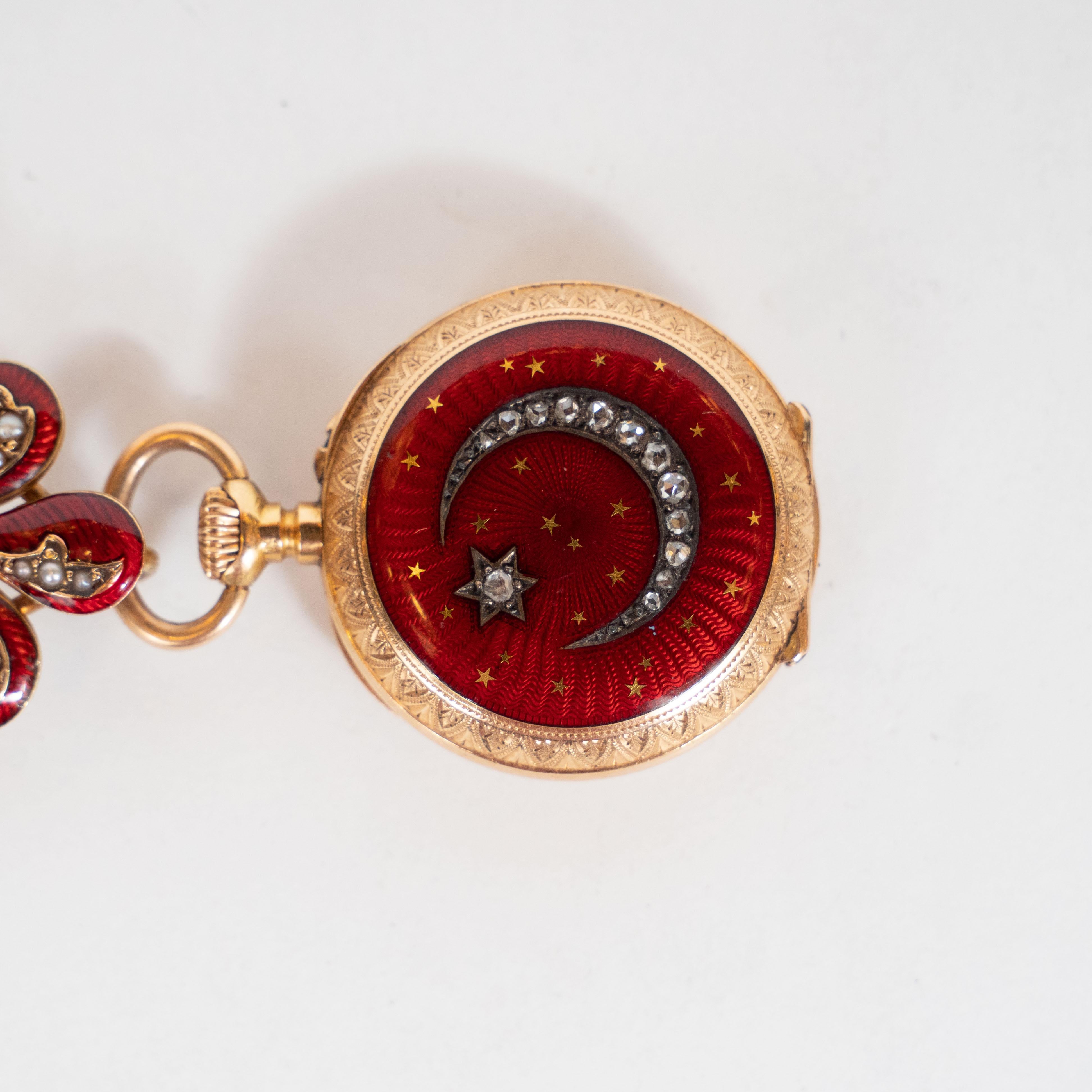 Women's Antique Guilloche Ruby Enamel, Diamond and 18 Karat Yellow Gold Lapel Watch For Sale