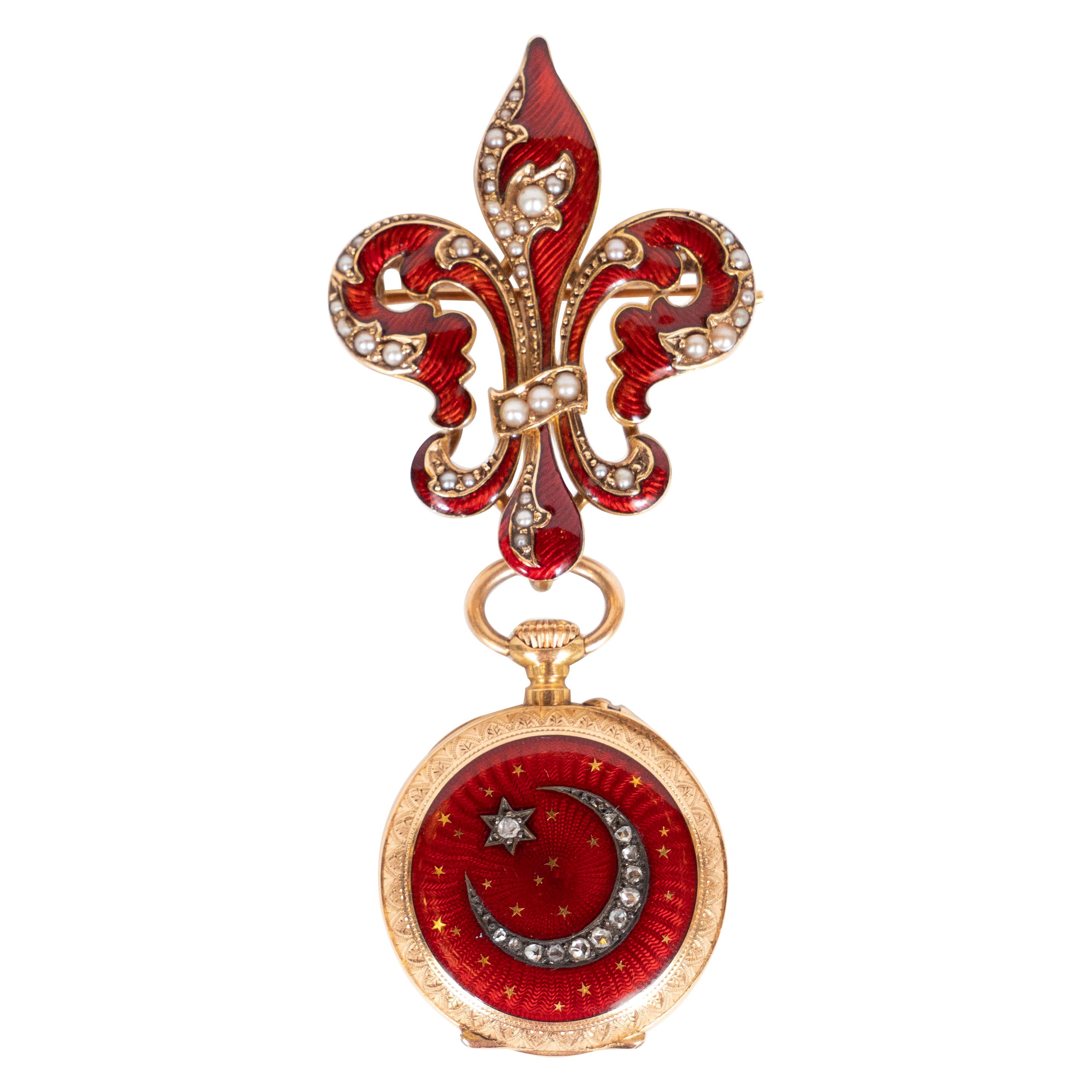 Antiguo reloj de solapa con esmalte guilloché de rubíes, diamantes y oro amarillo de 18 quilates en venta