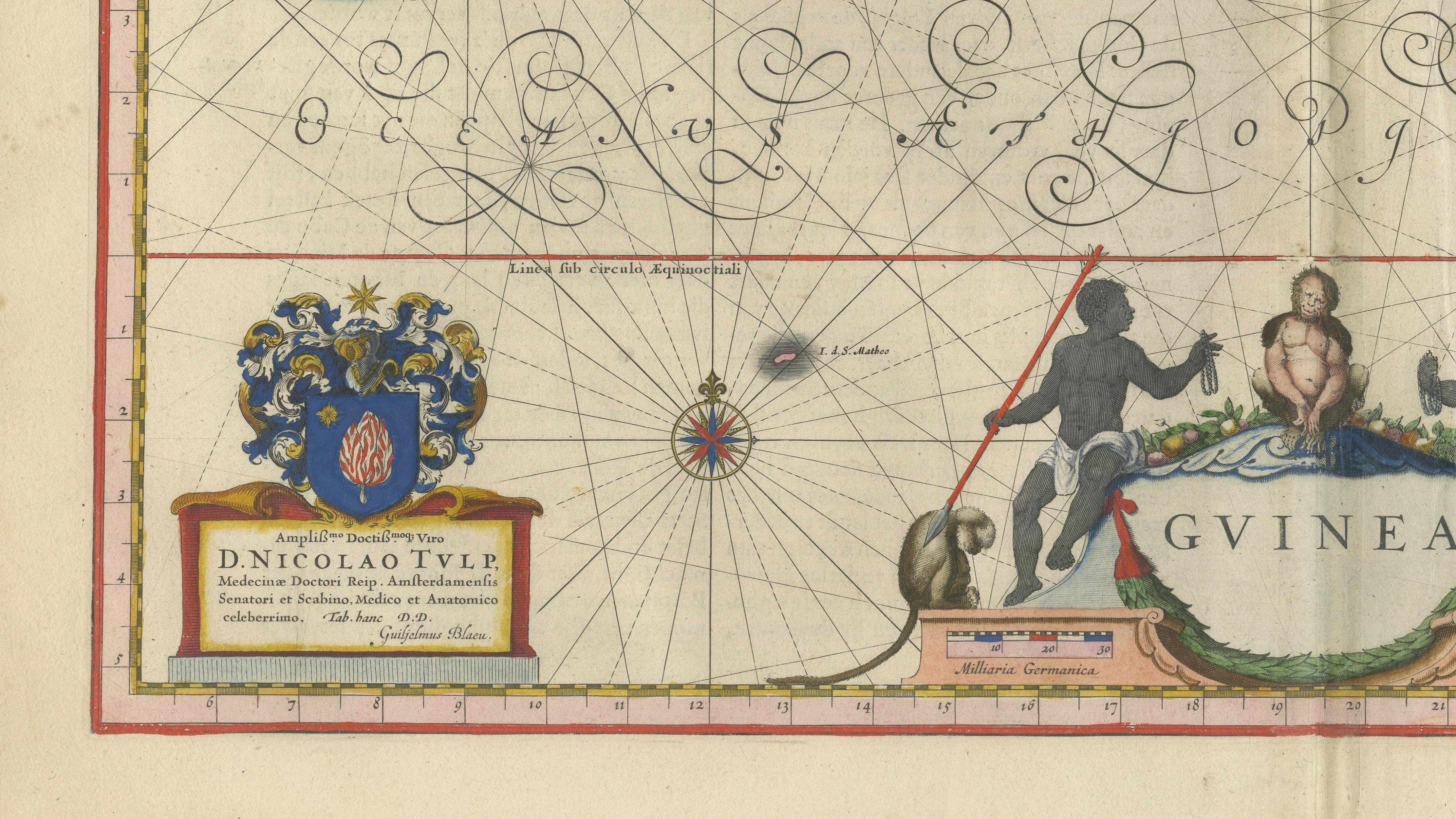 Antique Guinea Map, West Africa – Blaeu c.1642, Ships, Animals