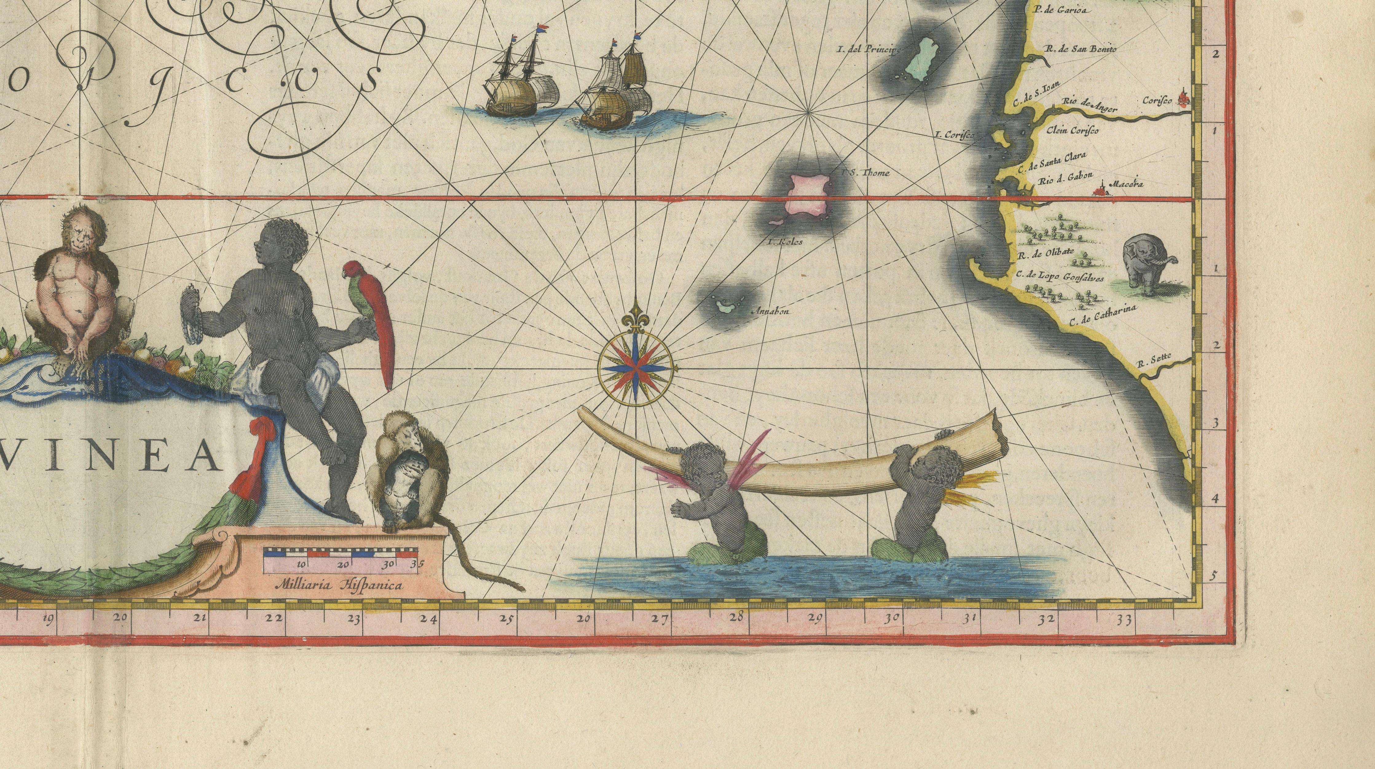 Antique Guinea Map, West Africa – Blaeu c.1642, Ships, Animals