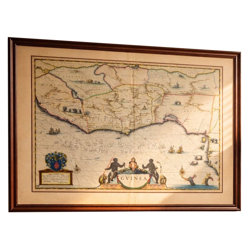 Antique Guinea Map, West Africa – Blaeu c.1642, Ships, Animals
