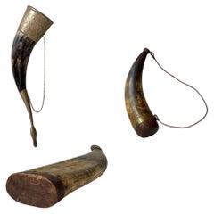 Antique Gun Powder & Drinking Horn's w. Wood & Bronze accents