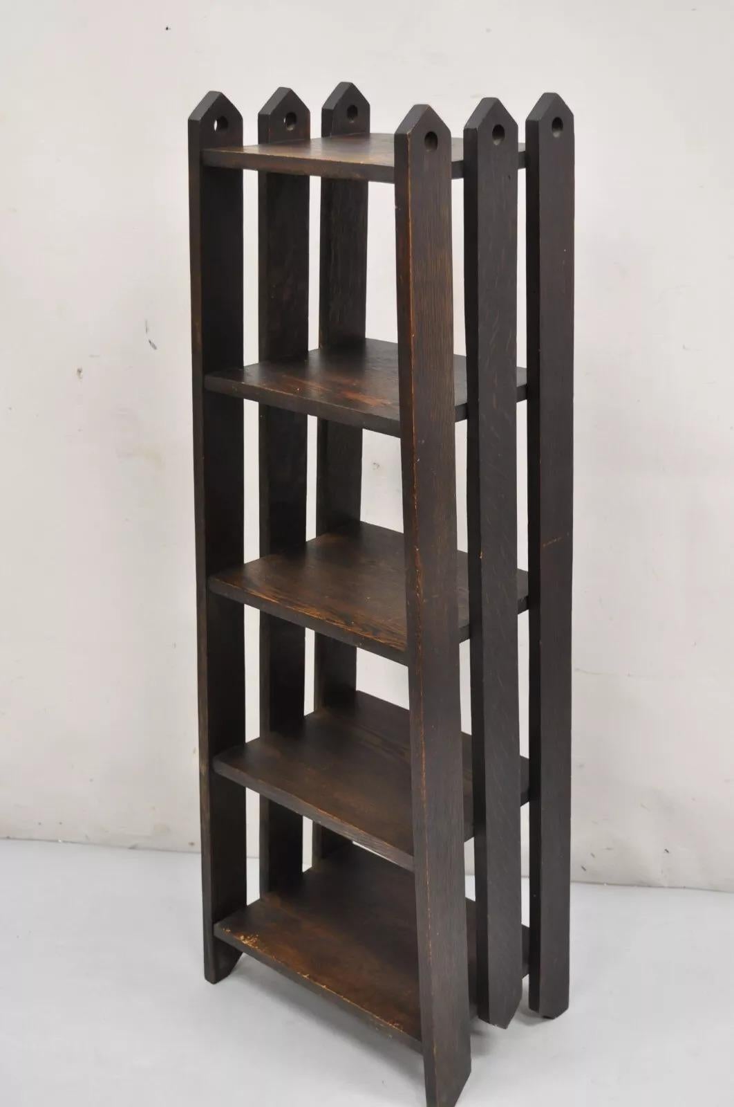 Antique Gunlocke Mission Oak Arts & Crafts 5 Tier Slatted Narrow Open Bookcase For Sale 6