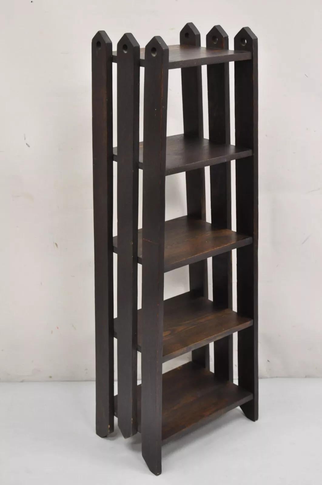 Antique Gunlocke Mission Oak Arts & Crafts 5 Tier Slatted Narrow Open Bookcase In Good Condition For Sale In Philadelphia, PA