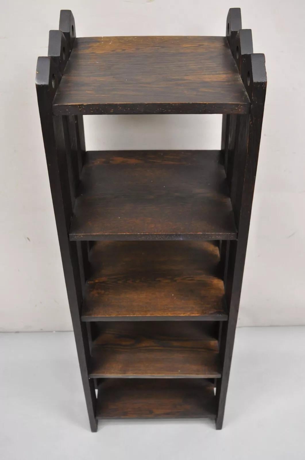 Antique Gunlocke Mission Oak Arts & Crafts 5 Tier Slatted Narrow Open Bookcase For Sale 3