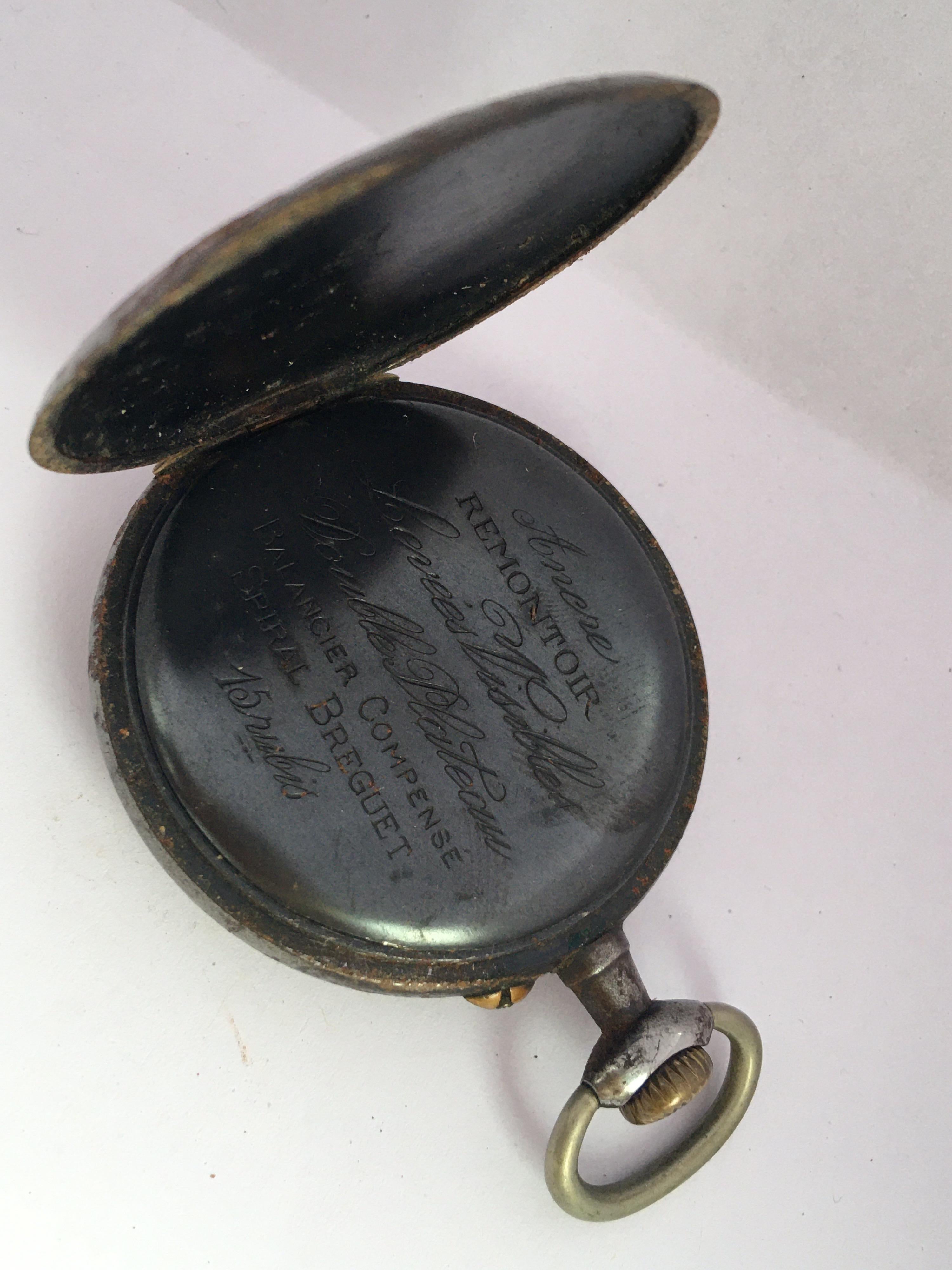 This beautiful antique 52mm diameter hand winding ( keyless) pocket watch is in good working condition and it is ticking well. It keeps a good time. Visible signs of ageing and wear with light marks and some rust on the watch case as shown. Please