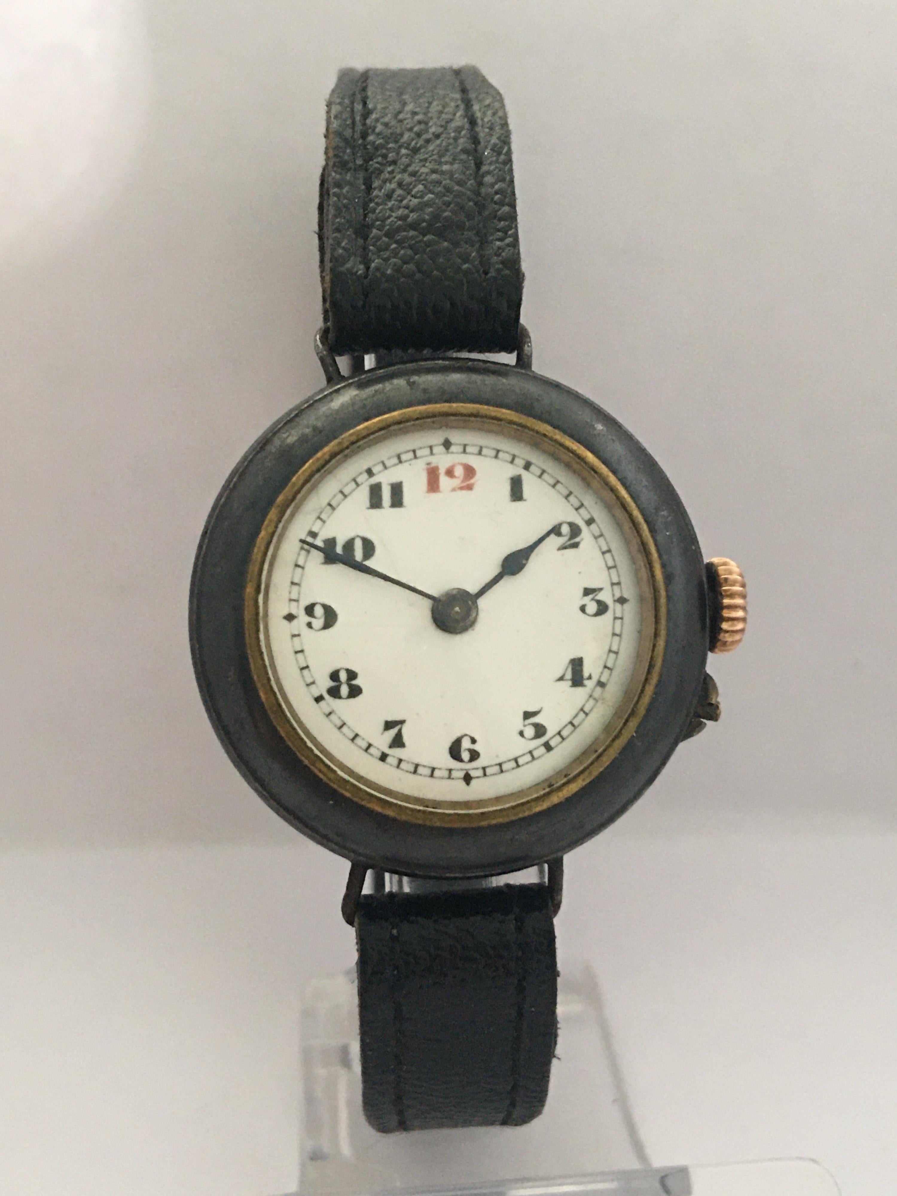 This beautiful antique 31mm diameter (excluding crown)hand winding watch is in good working condition and it is ticking well. It has recently been serviced. Visible signs of ageing and wear with some tarnished on the watch case as shown. 

Please