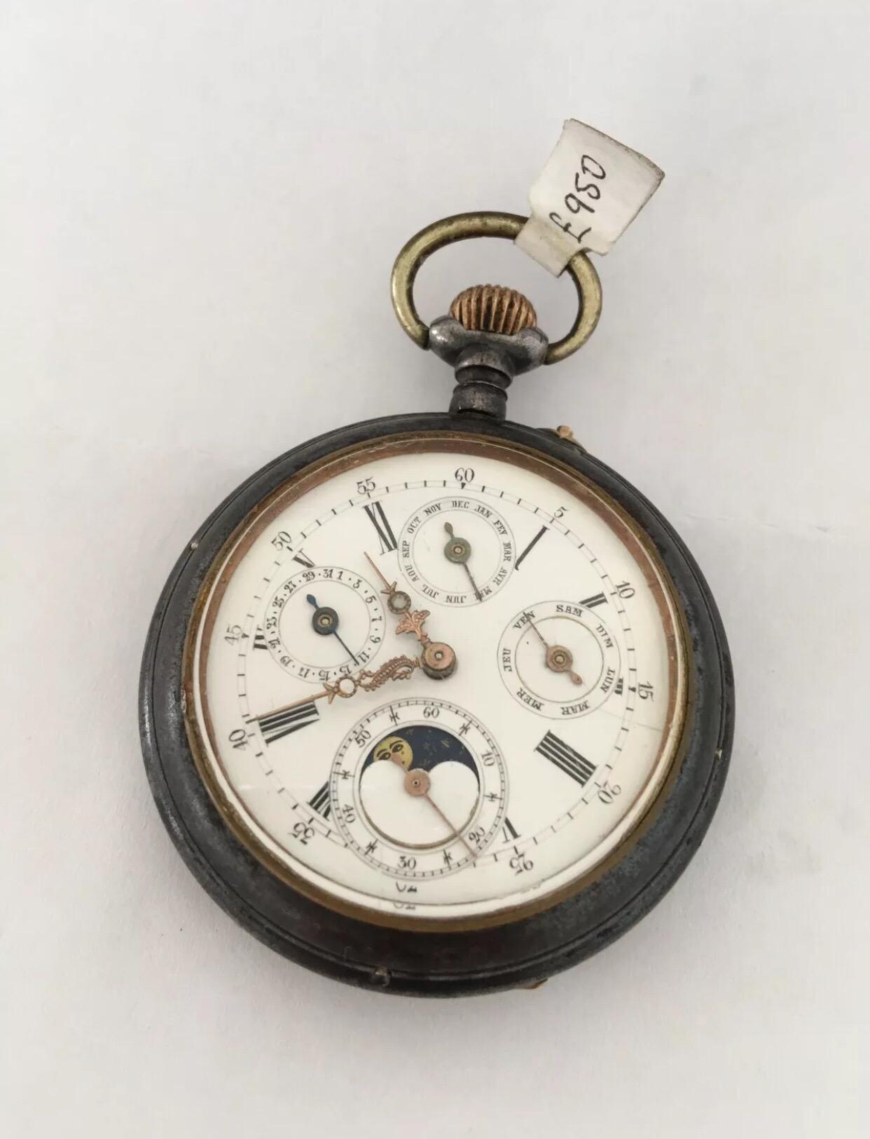 Antique Gunmetal & silver Perpetual Calendar Pocket Watch.


This pocket watch is in good working condition and is running well.