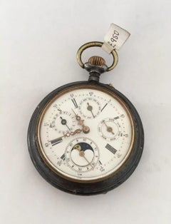 Antique Gunmetal and Silver Moonphase Calendar Pocket Watch