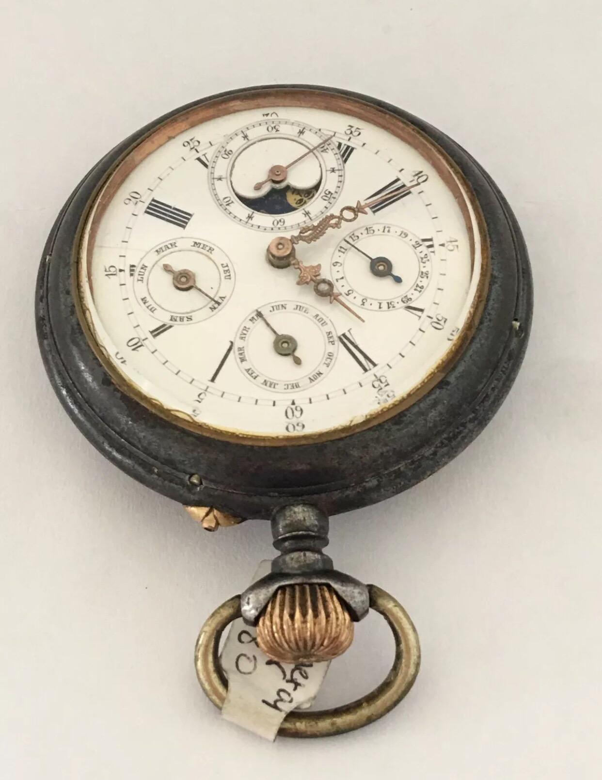 Antique Gunmetal and Silver Moonphase Calendar Pocket Watch 1
