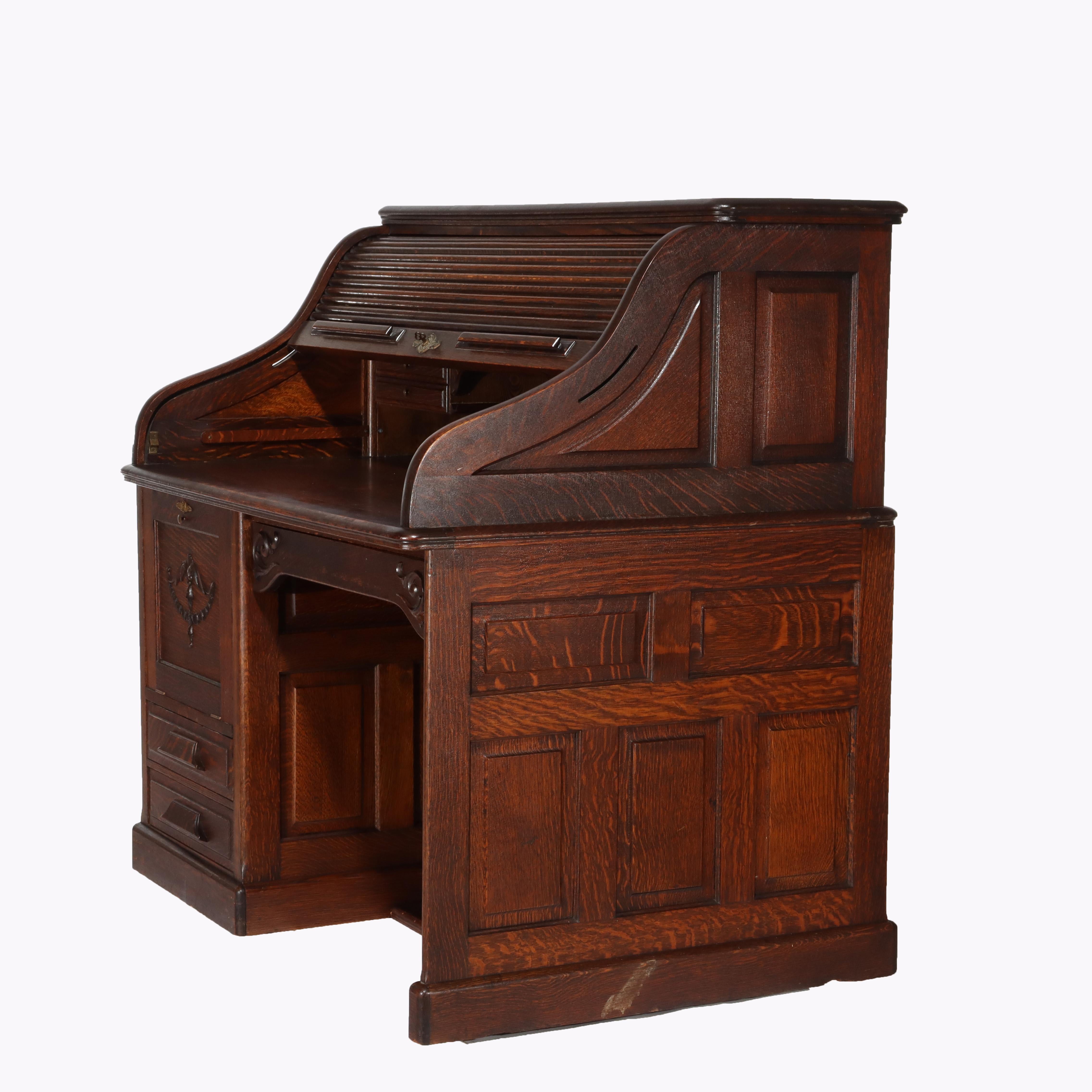 Antike Gunn Möbel Co. Eiche S-Roll Top Paneled Single Pedestal Desk c1900 im Angebot 6