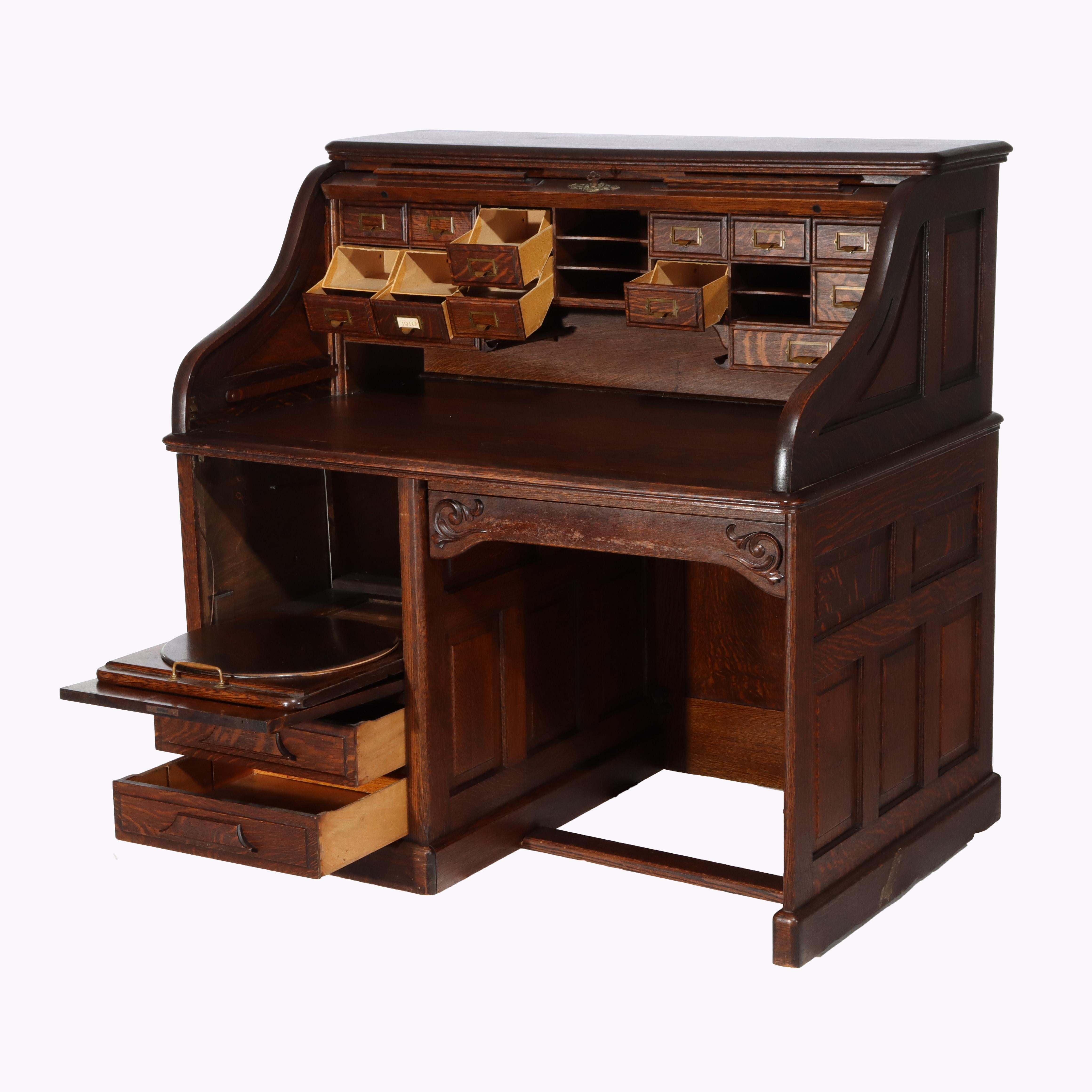 Antike Gunn Möbel Co. Eiche S-Roll Top Paneled Single Pedestal Desk c1900 (20. Jahrhundert) im Angebot