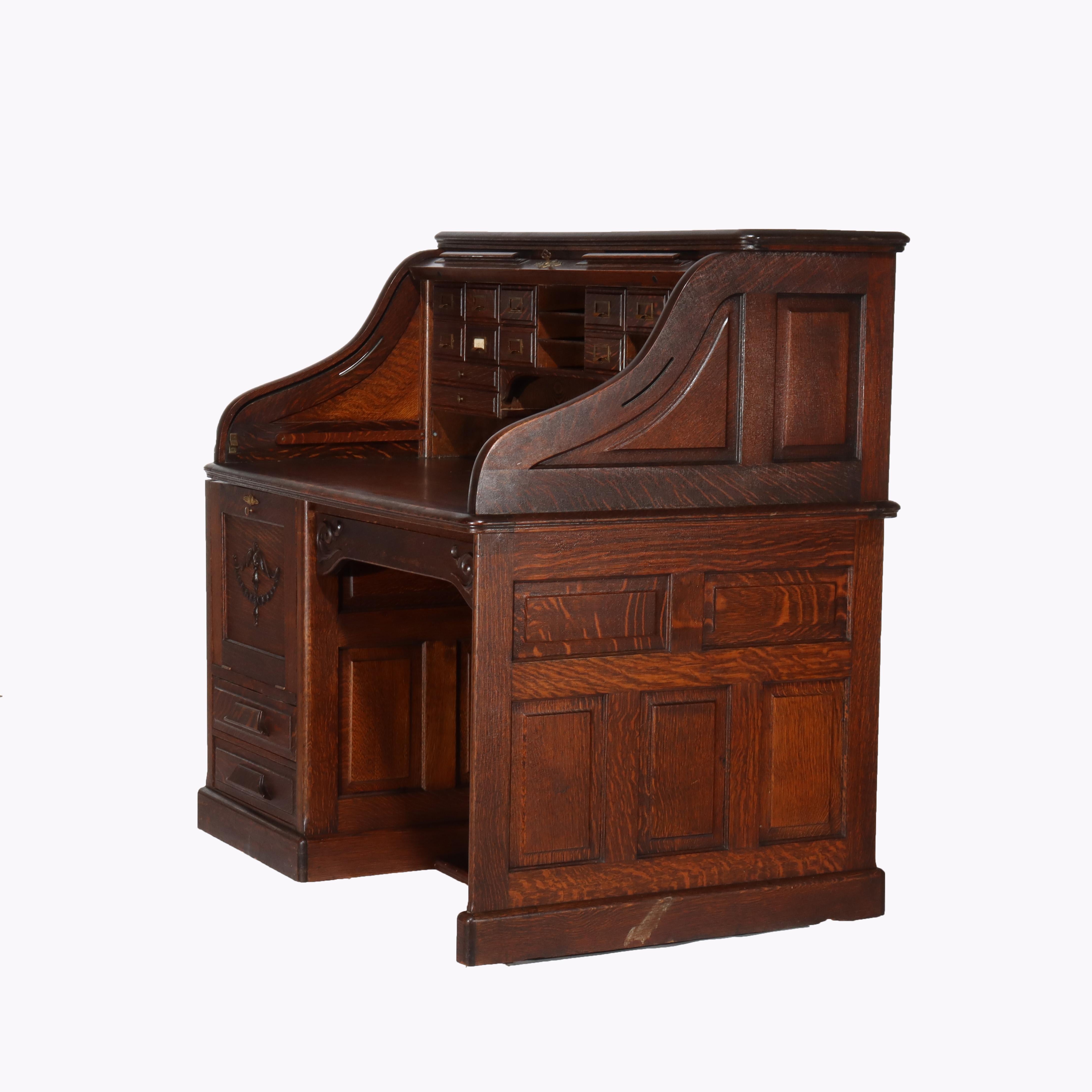 Antike Gunn Möbel Co. Eiche S-Roll Top Paneled Single Pedestal Desk c1900 (Eichenholz) im Angebot