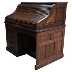 Antique Gunn Furniture Co. Oak S-Roll Top Paneled Single Pedestal Desk c1900