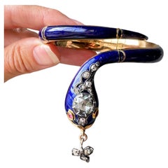 Antique Gustaf Mollenborg Blue Enamel and Diamond Snake Bangle Bracelet C1840