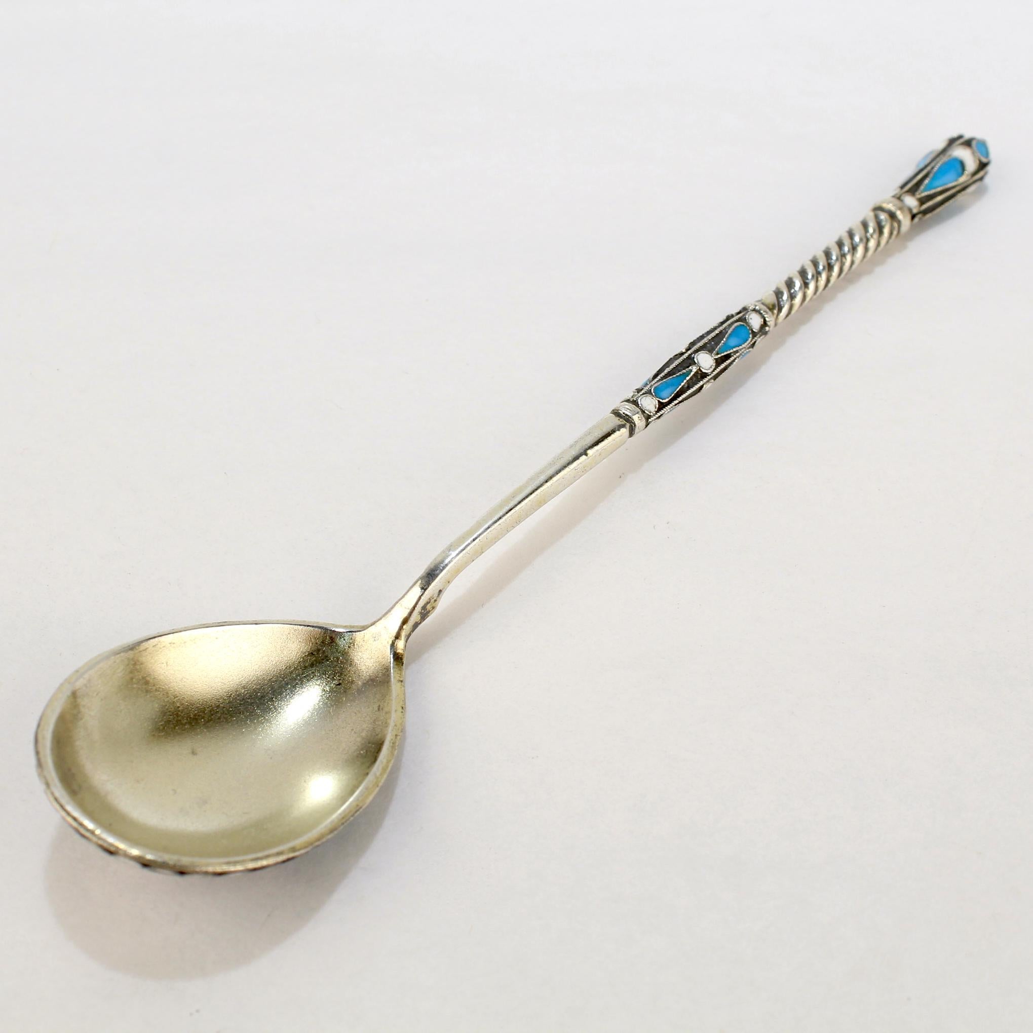 A fine Russian gilt silver & cloisonné enamel spoon.

By Gustav Klingert of Moscow Russia.

With a twisted handle and an enamel terminal.

The bowl is richly decorated with enameled cloisons. 

Simply a wonderful Imperial Russian spoon!

Date:
circa