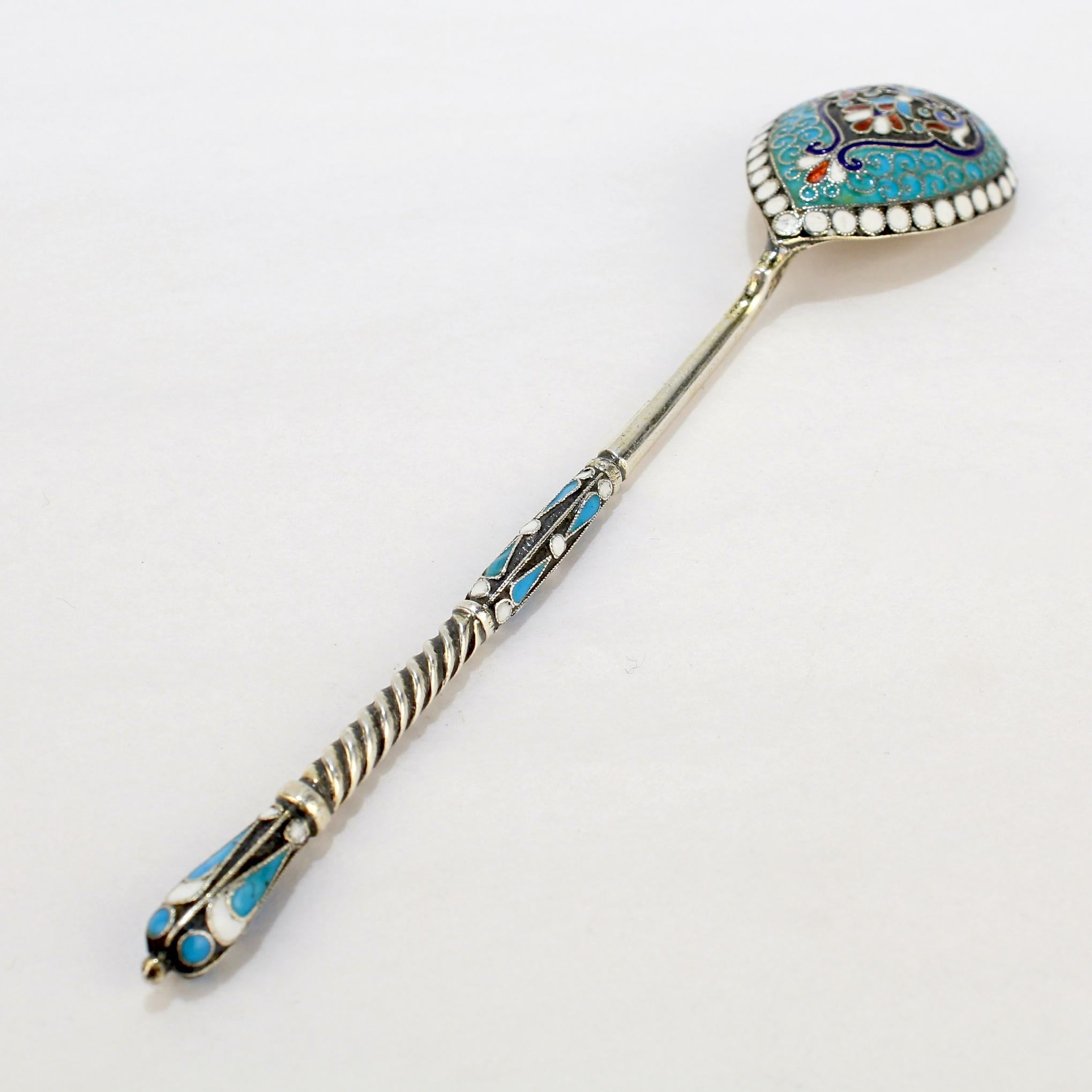 Antique Gustav Klingert Imperial Russian Gilt Silver & Cloisonné Enamel Spoon In Good Condition For Sale In Philadelphia, PA