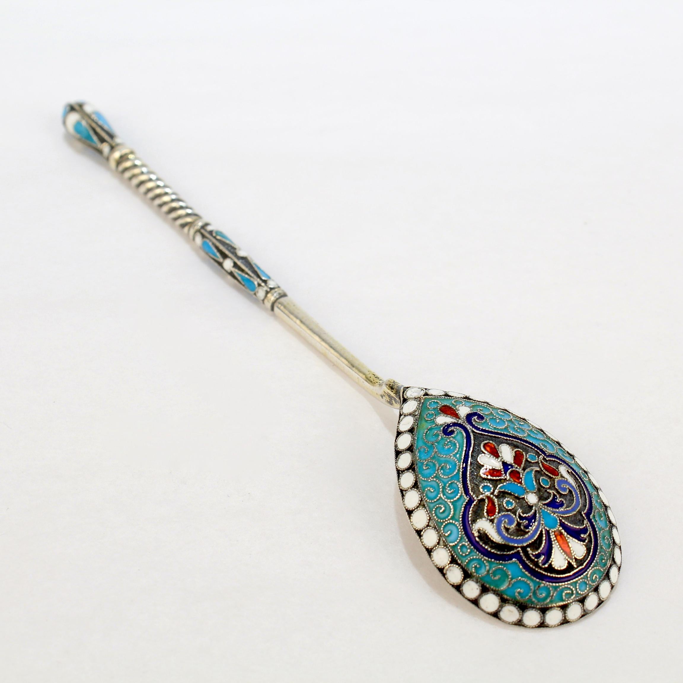 Women's or Men's Antique Gustav Klingert Imperial Russian Gilt Silver & Cloisonné Enamel Spoon For Sale