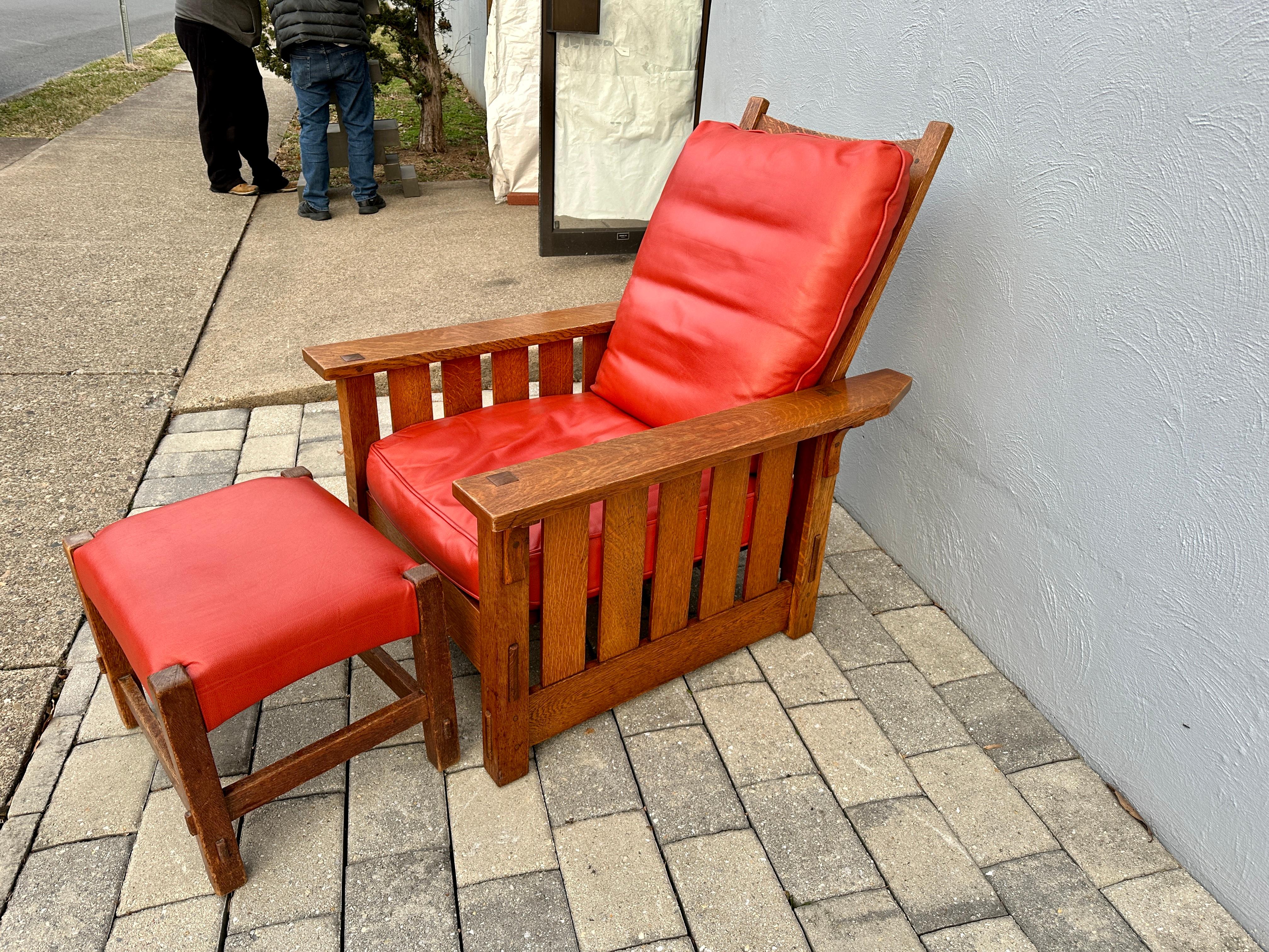 Arts and Crafts Antique Gustav Stickley MORRIS Chair (#332) and Matching Footstool (#300) w 7559