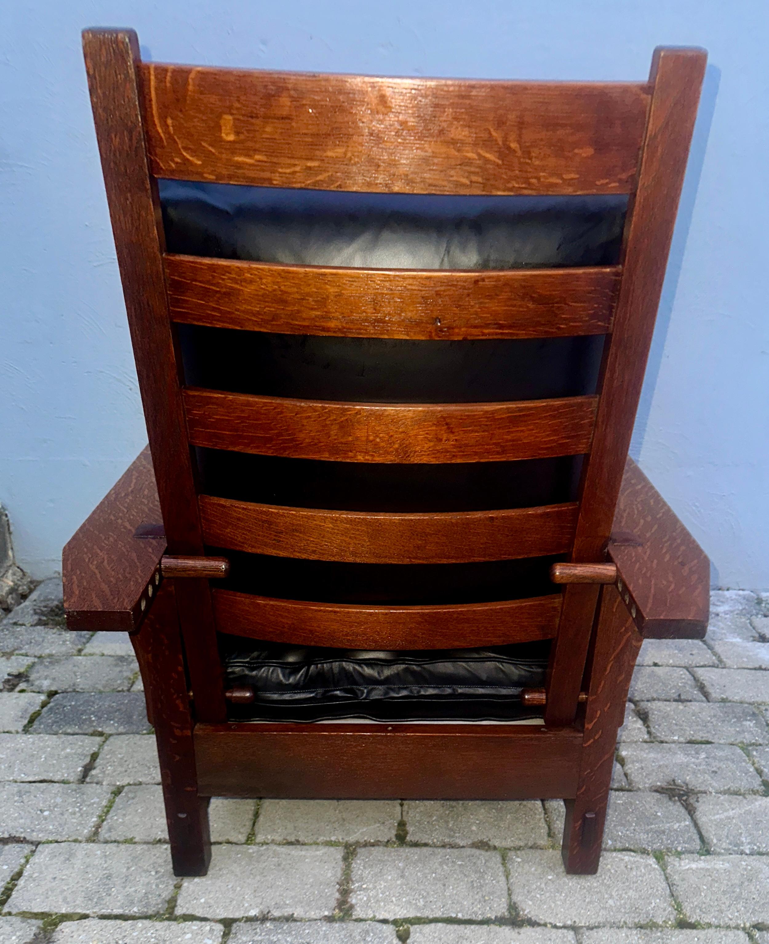 Leather Antique GUSTAV  STICKLEY  spindle  Morris Chair, recliner - W7811