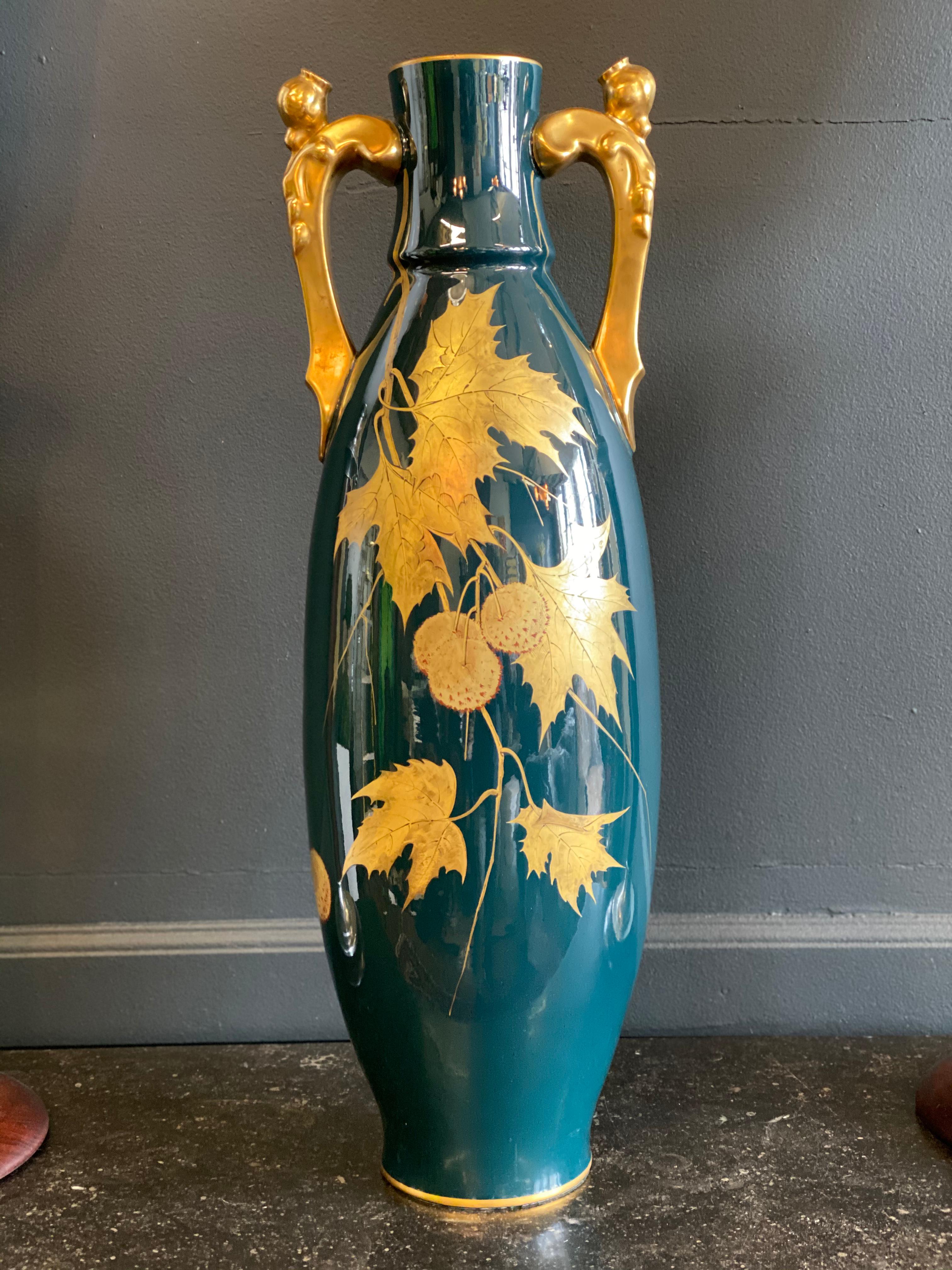 French Antique Gustave Asch Blue Green and Gold Porcelain Vase For Sale