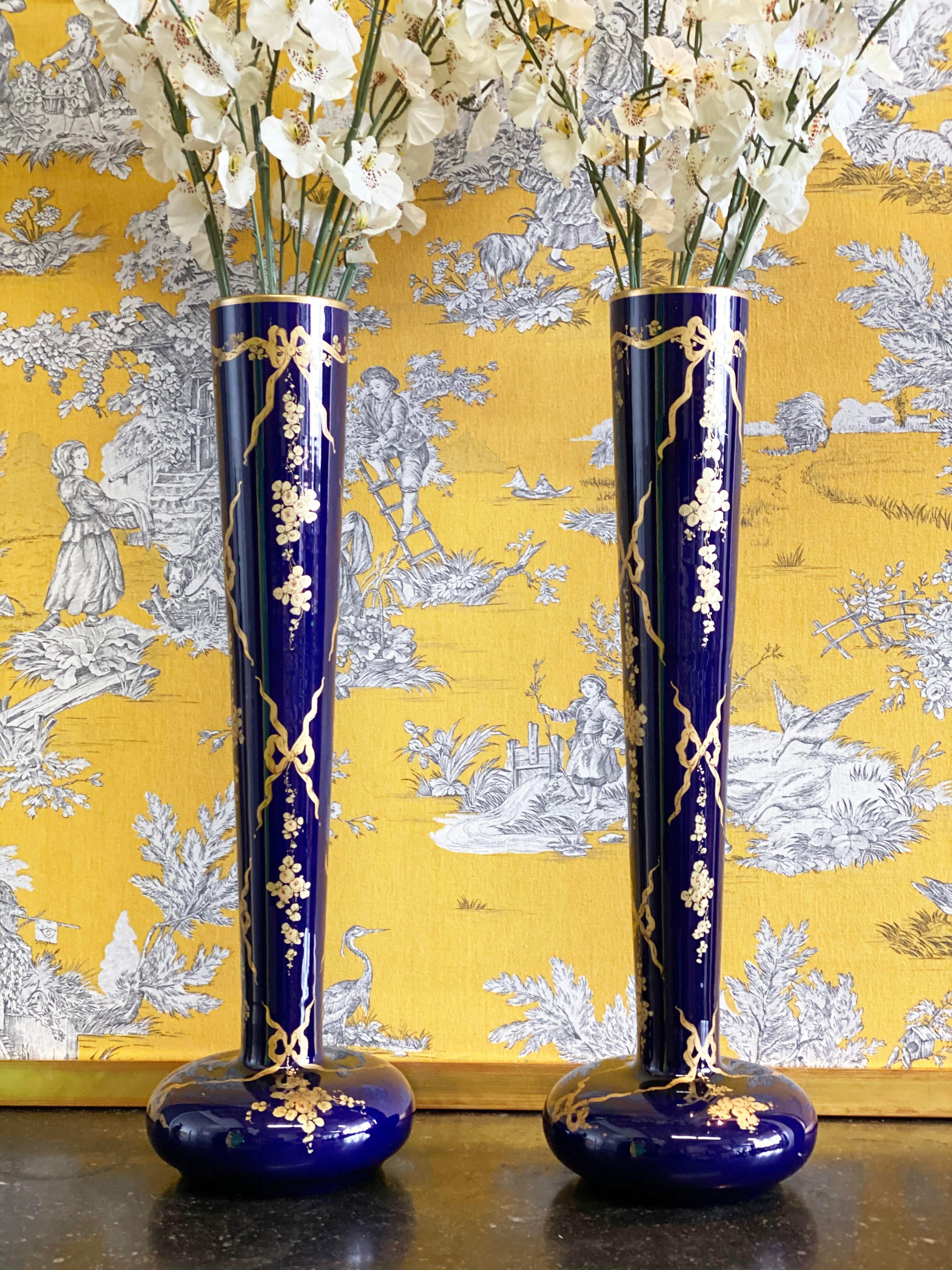 French Antique Gustave Asch Cobalt Blue and Gold Porcelain Vases, a Pair