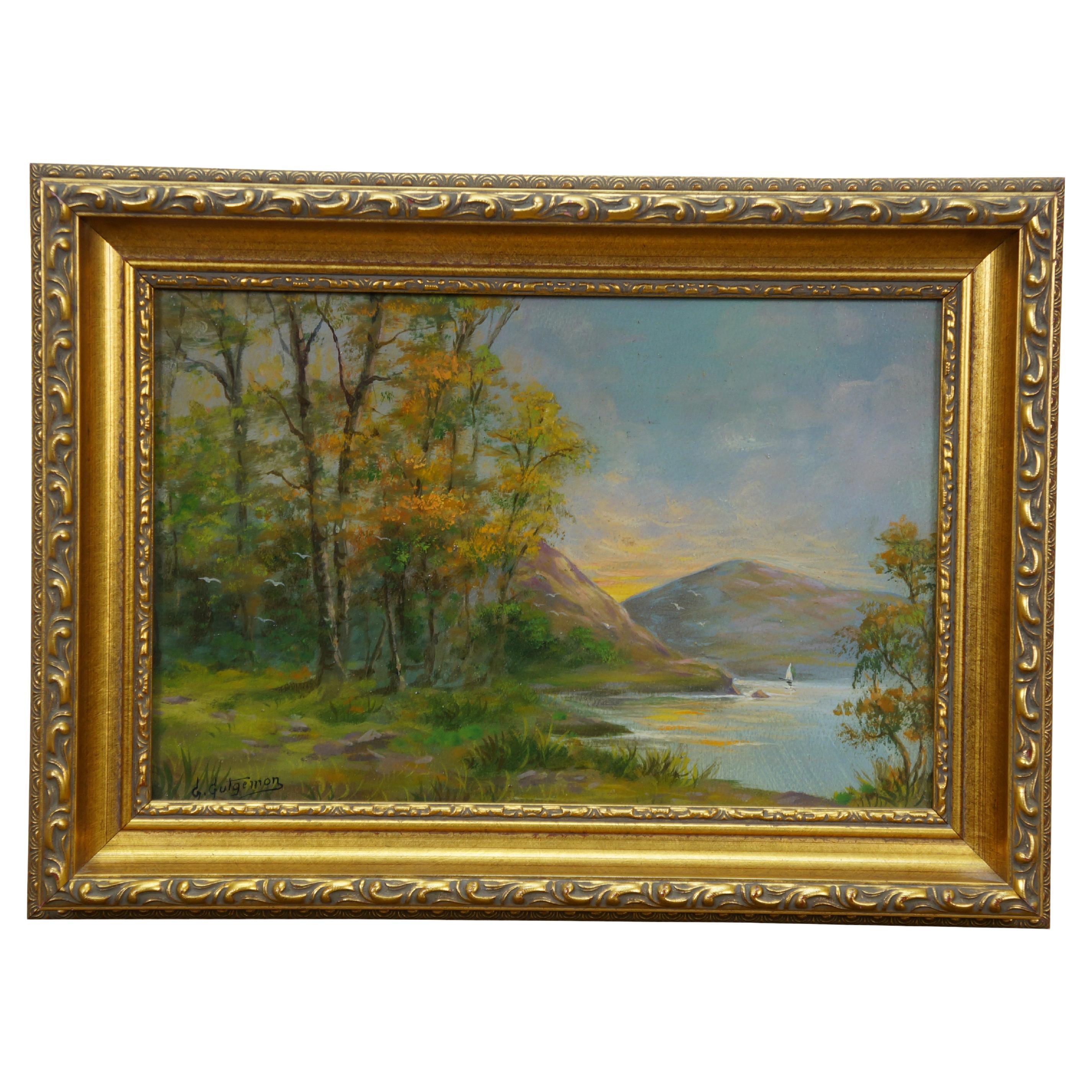 Antike Gustave Gutgemon Berg-See-Landschaft Ölgemälde auf dem Brett 15"