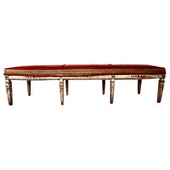 Antique, Gustavian hand carved bench in velvet from late 18th century.