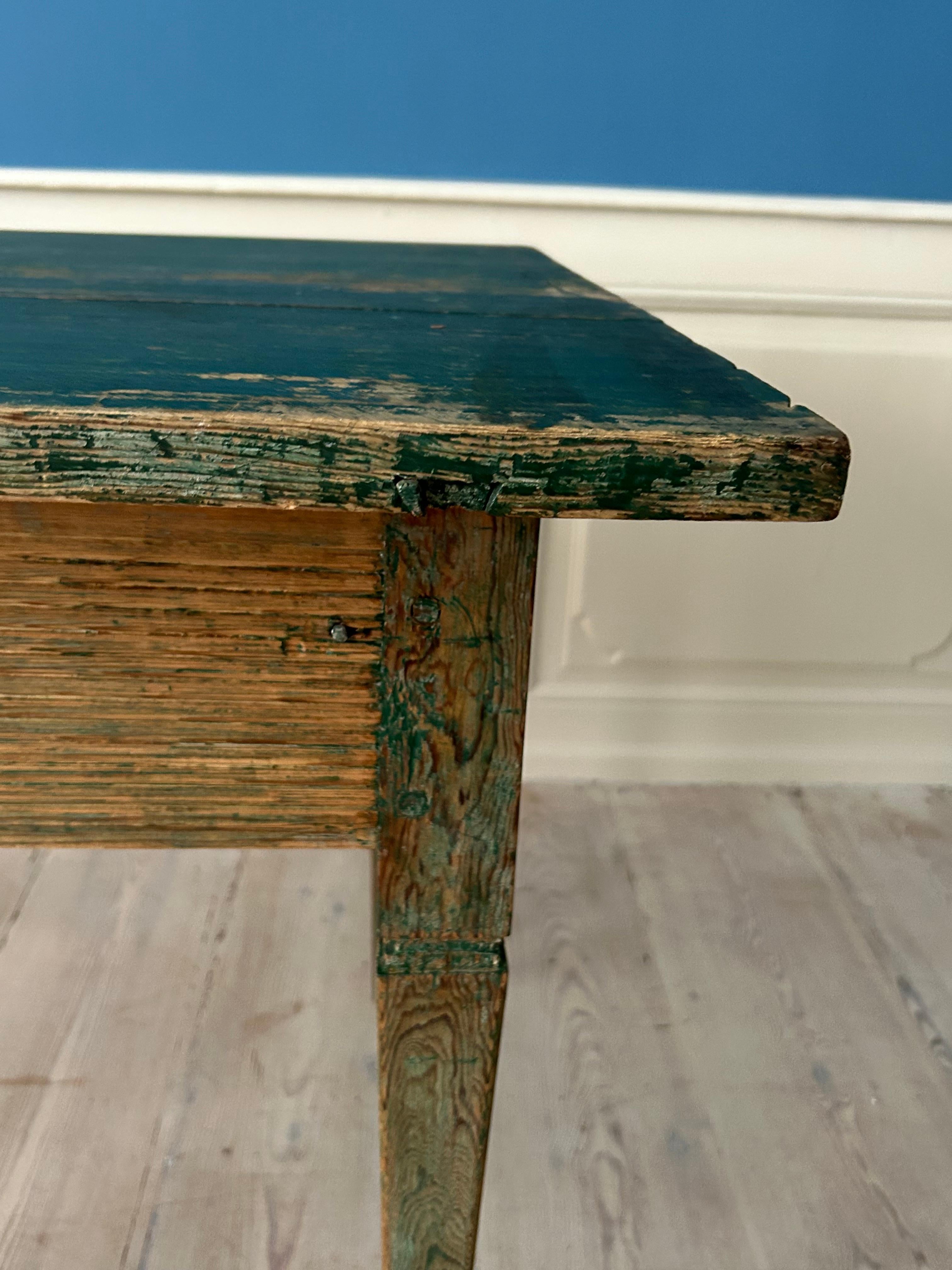 Antique Gustavian Pine Table with Green Paint, Sweden, Late 18th Century For Sale 12